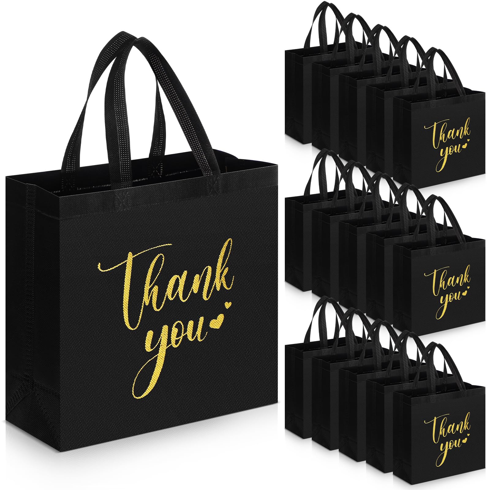 Sweetude 30 Pcs Thank You Gift Bags with Handles Bulk Reusable Goodie Bag Non Woven Foldable Bag for Wedding Bridesmaid Gifts (Black, 11 x 12 x 5 Inch)