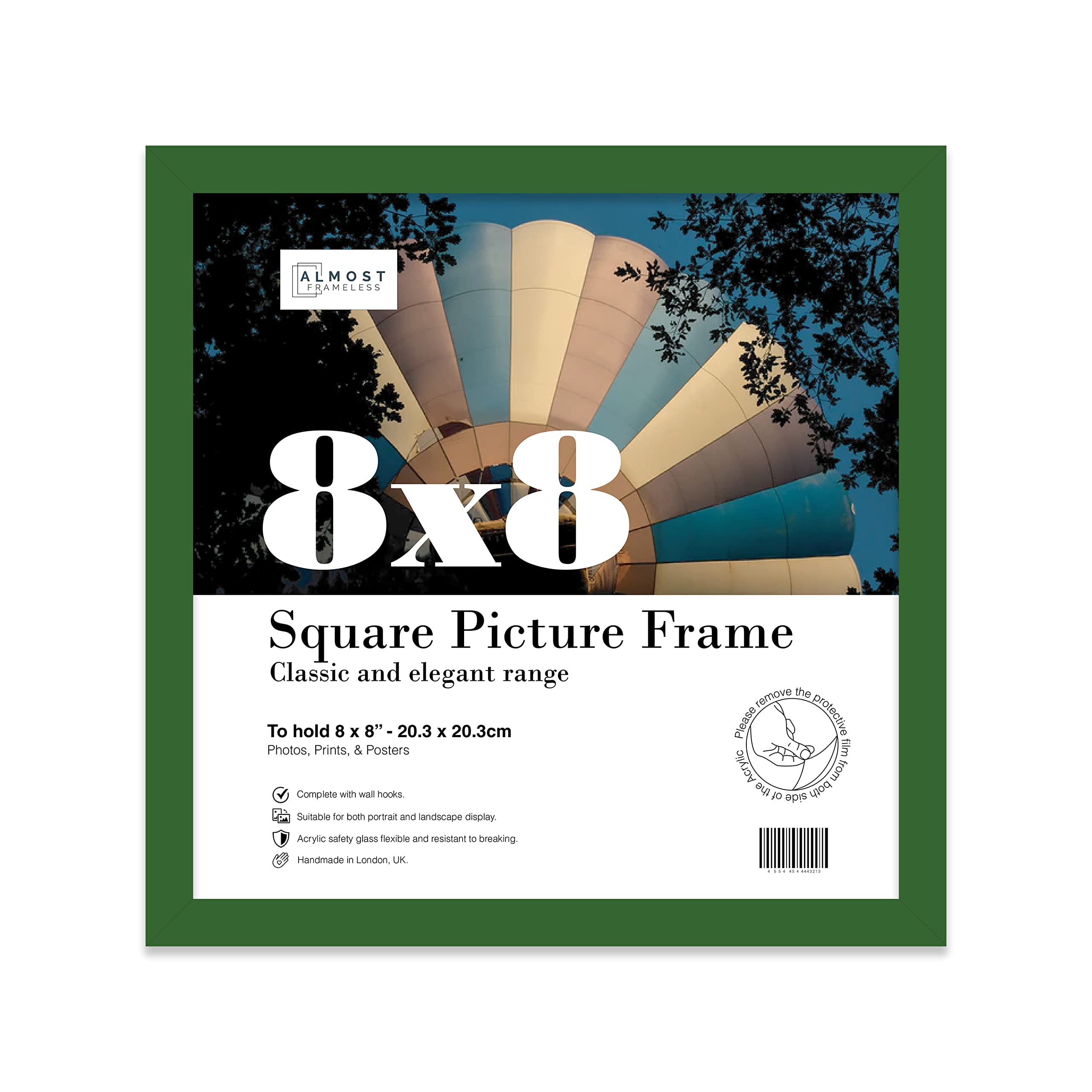 8x8 Inch Green Square Thin Photo Frame Wall Mountable and Freestanding Thin Picture Frame Standard Square Photograph Size, 8" X 8"(20.3 X 20.3cm)