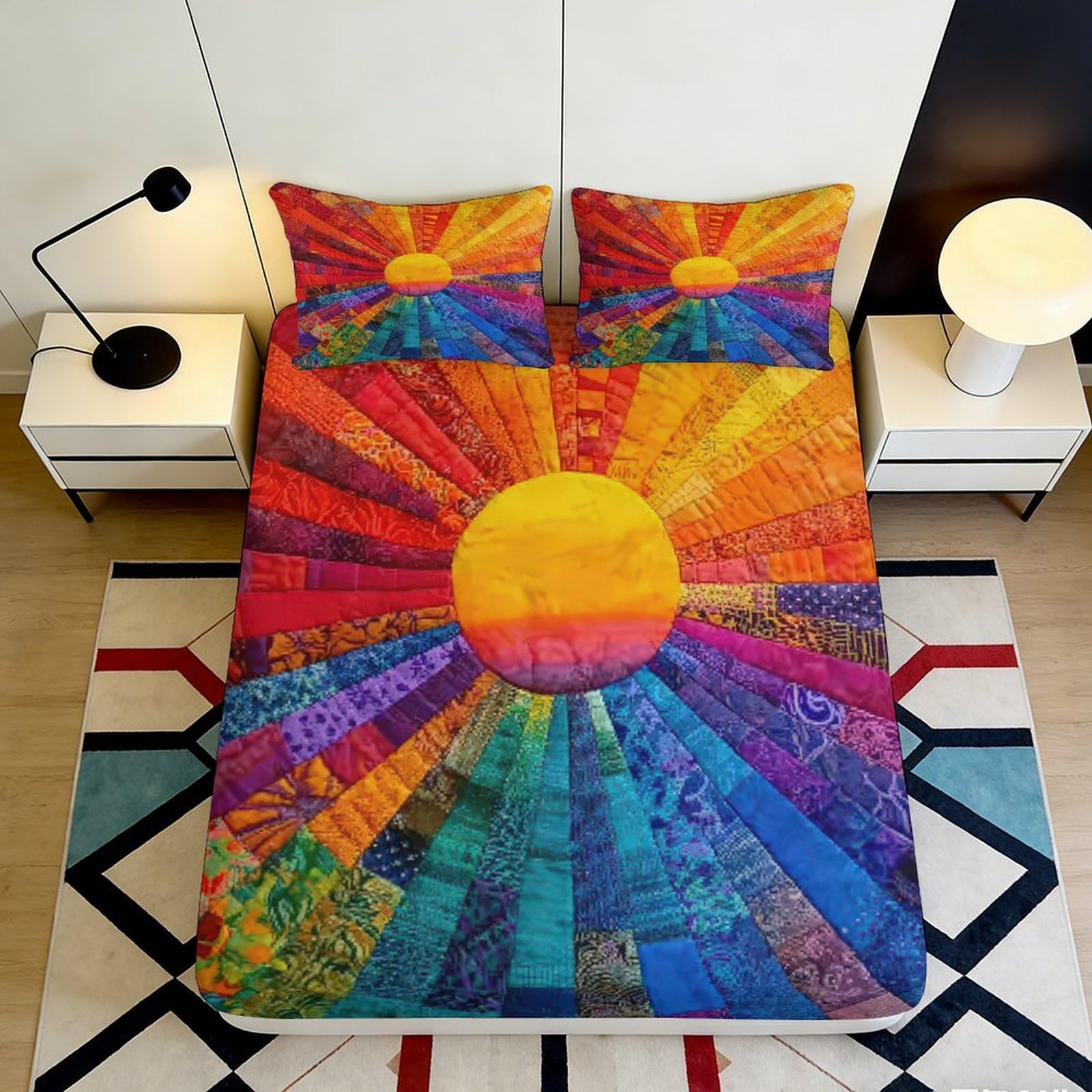 3D Printed Colorful Sunburst Fitted Sheet Microfiber Soft Rainbow Radiant Mattress Cover for Bedroom Dorm Decor 90x200x25cm