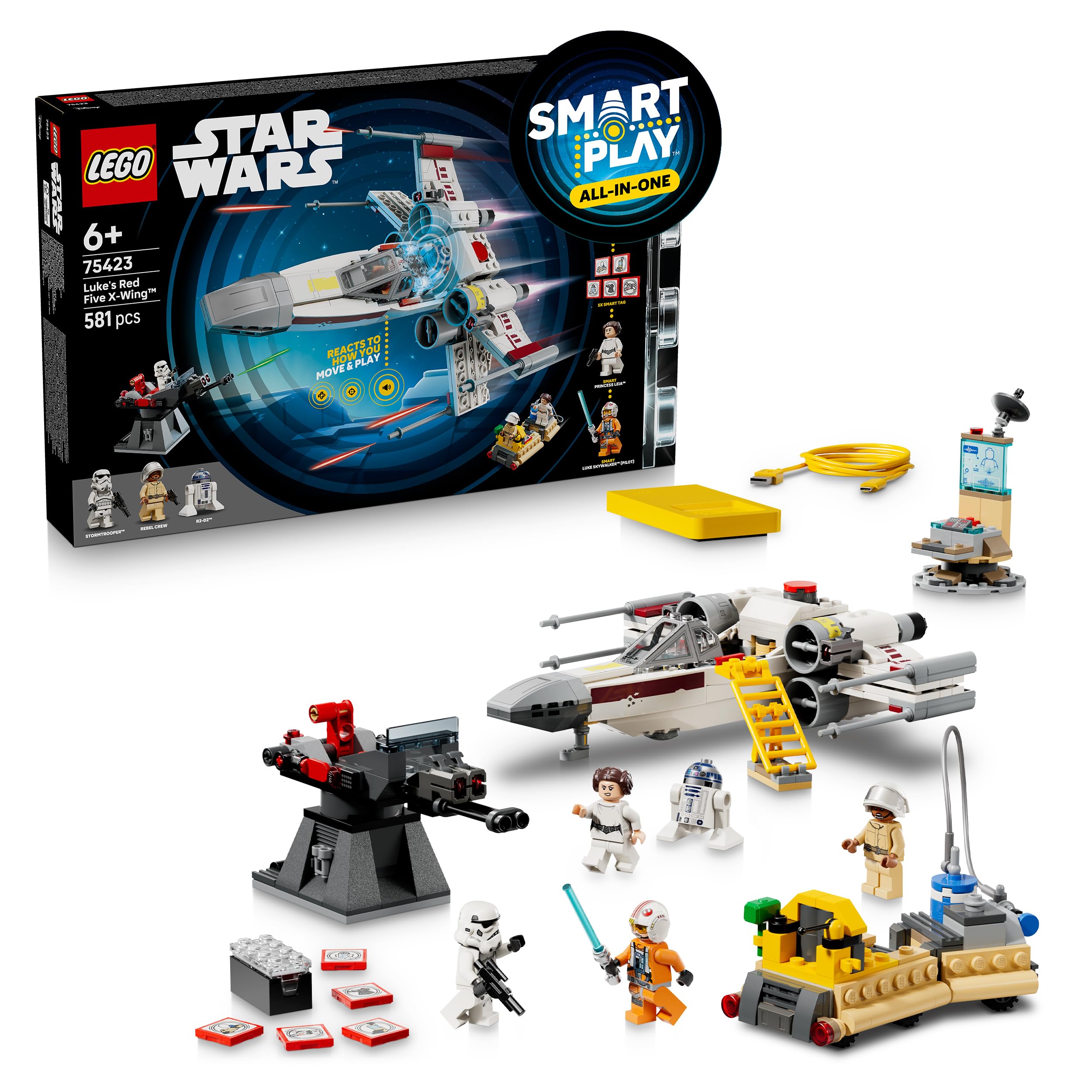 LEGO Star Wars 75423 Smart Play : Le X-​Wing Red Five de Luke - Jouet Interactif Tout-​en-​Un - Smart Brique, 5 Tags, 2 Minifigurines & Chargeur - Idée Cadeau pour Garçon, Fille dès 6 Ans ou Fan Adulte