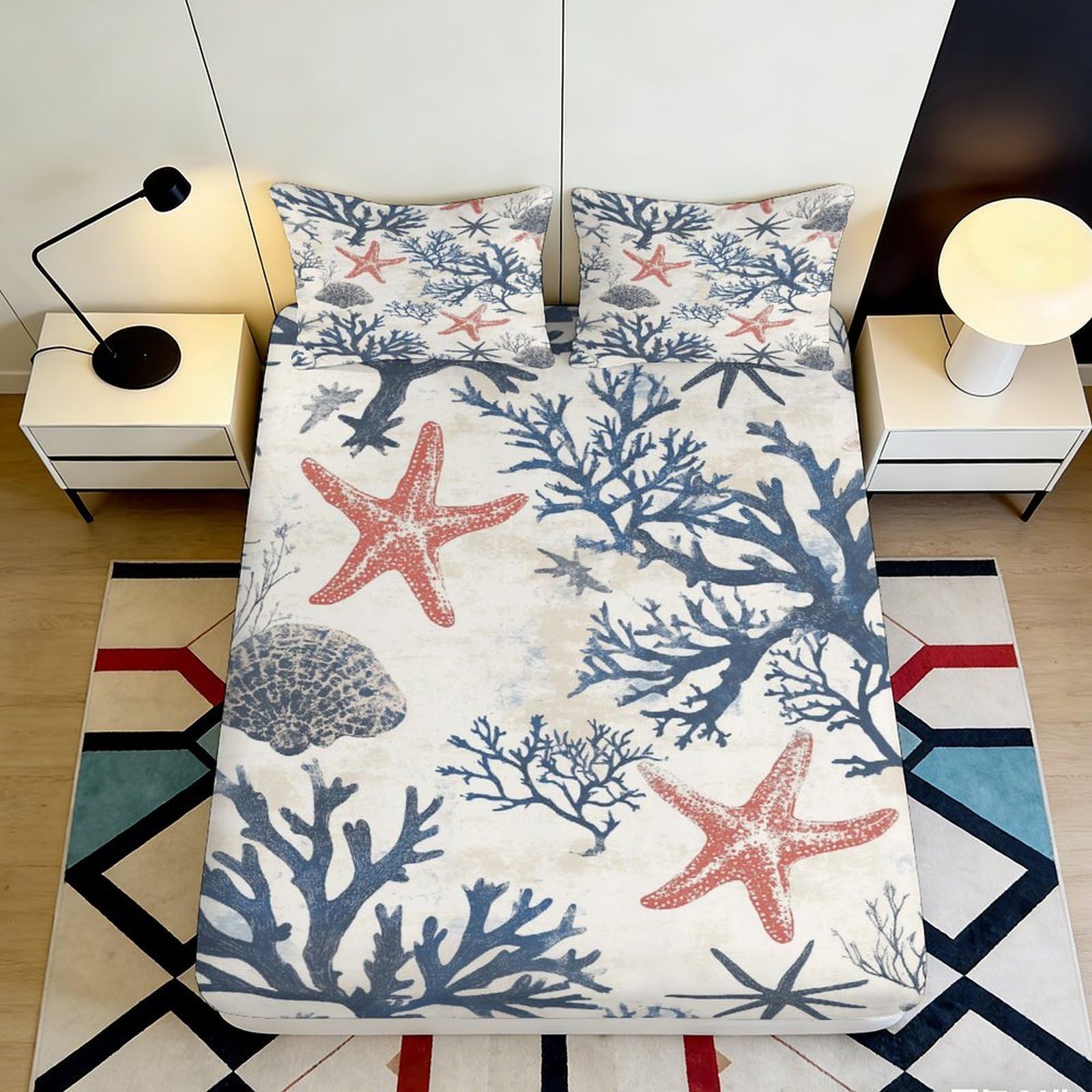 Jqzkxnhpbr Style-7 3D Printed Starfish Coral Fitted Sheet Microfiber Ocean Blue Mattress Cover For Bedroom Guest Room Decor Easy Care 90X200x25cm