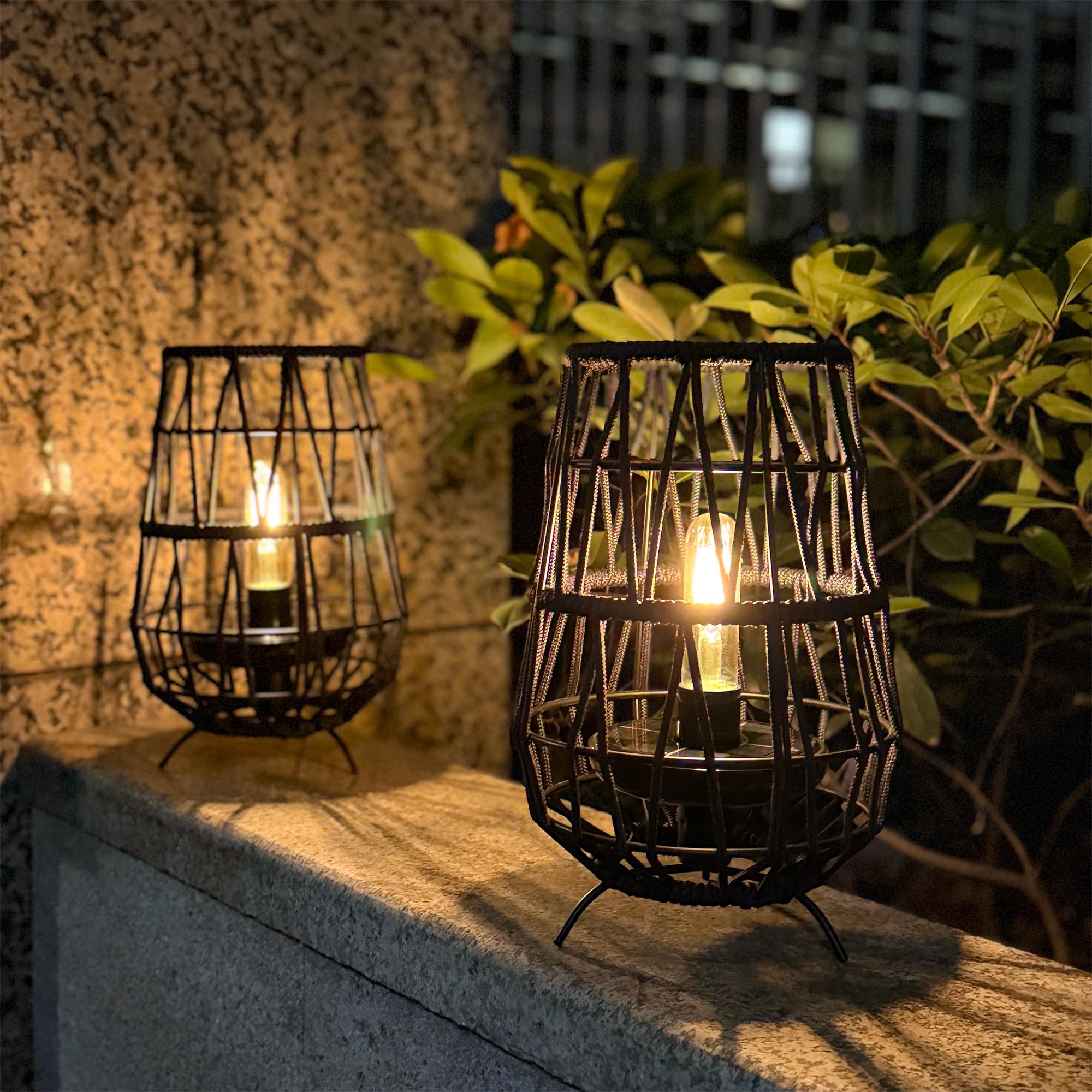 TRIROCKS Solarleuchten für den Garten, 2 Pack 30cm hohe Solarlaternen mit Olefin-Seil, wasserfeste Solar-Gartendekoration, kabellose Tischlampe für Terrasse, Rasen, Hof, Außendekoration (Schwarz)