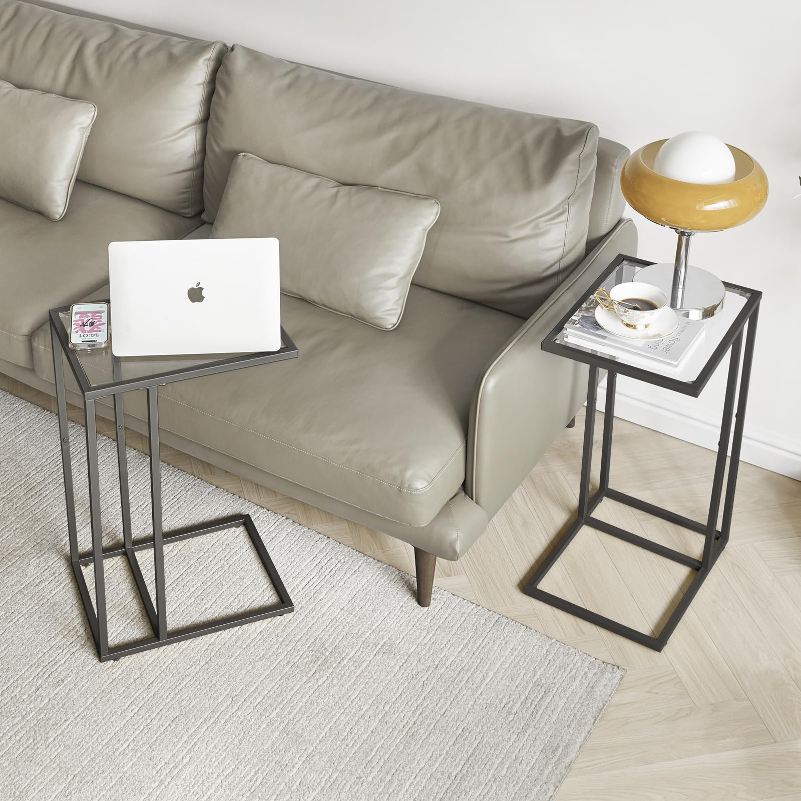 YMYNY Mesa Auxiliar en Forma de C, Mesita de Sofá, Mesa de Cristal Templado con Marco de Metal, Mesa de Centro, Apto para Salón O Dormitorio O Oficina, ‎40 x 30 x 63CM Negro HGD001B