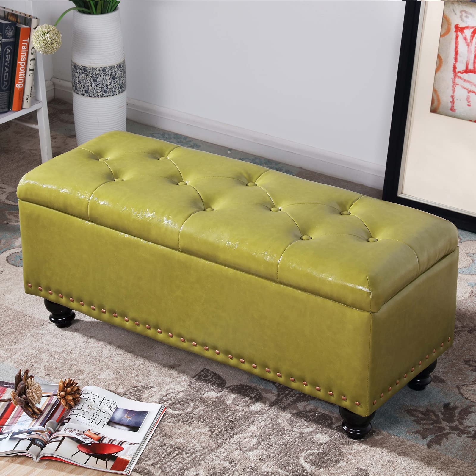 Banc de rangement ottoman cuir vert pour chambre et salon
