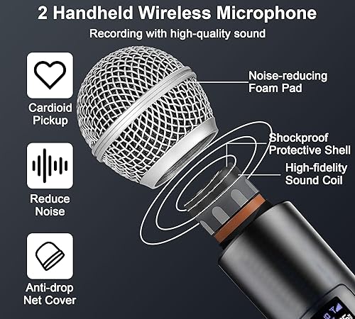 Miniatura 2 de ALPOWL Micrófono inalámbrico, micrófono inalámbrico UHF de mano dual con receptor recargable, duración de 40 horas, rango de 200 pies, micrófono