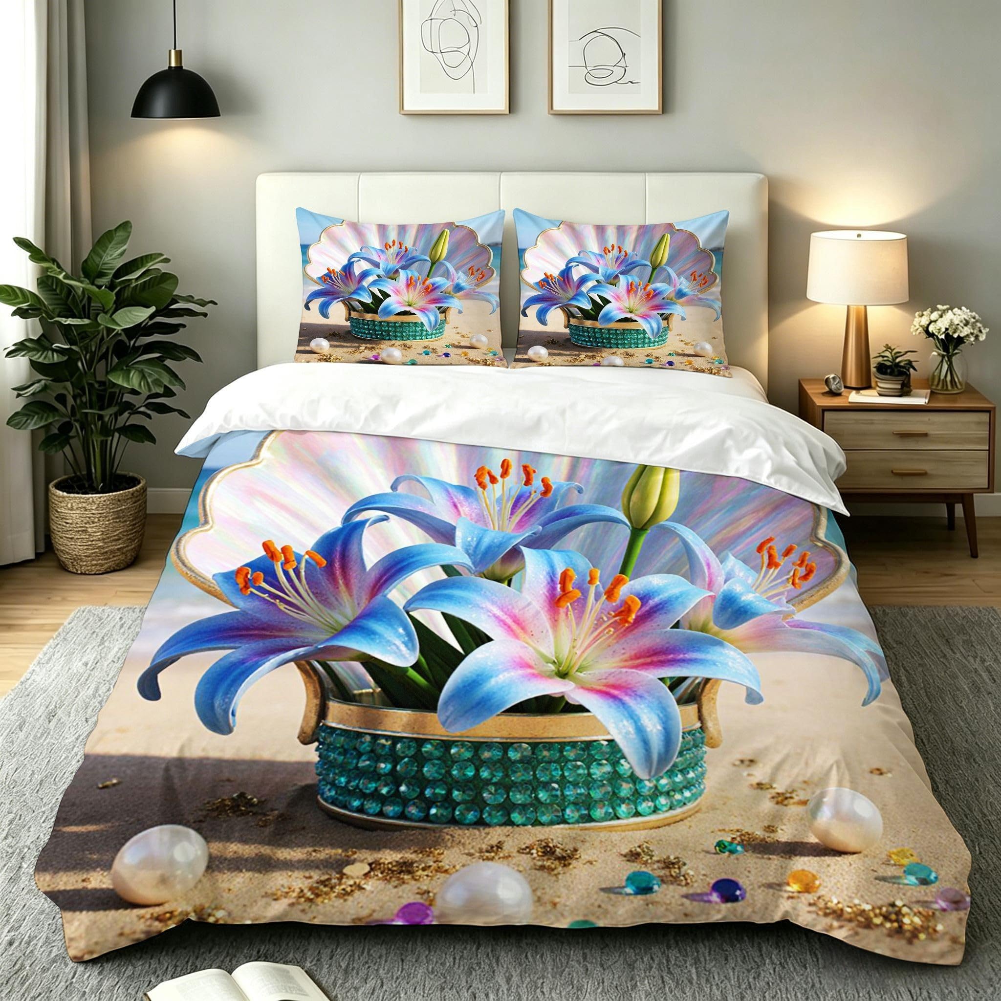 Housse de couette 140x200 coquillage bleu en microfibre douce zippée