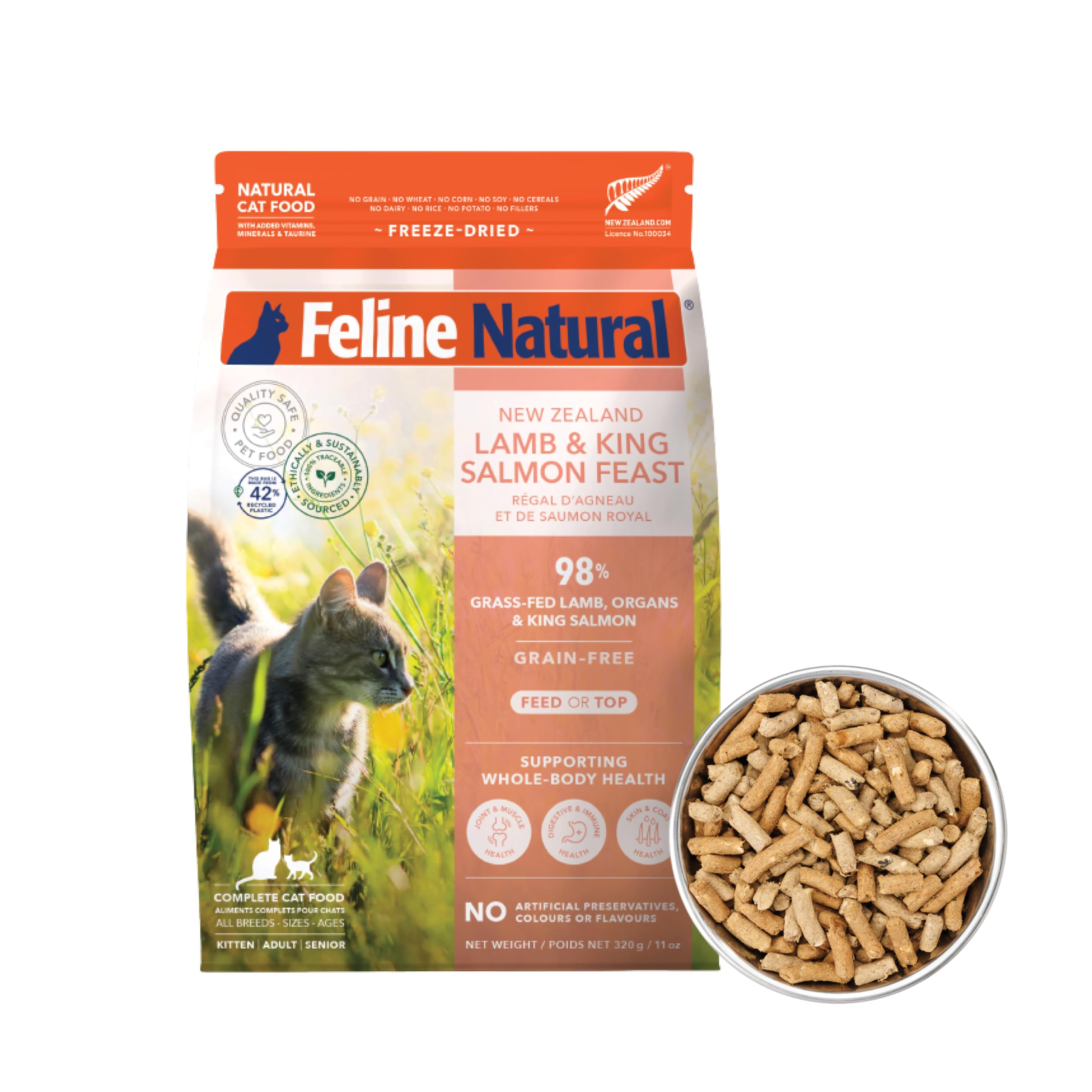 Feline Natural High Protein Dry Cat Food, Freeze-Dried Diet with 98% Meat, Organs & Seafood, No Peas, Grains, or Artificial Additives, Made in New Zealand, Lamb & King Salmon, 11oz