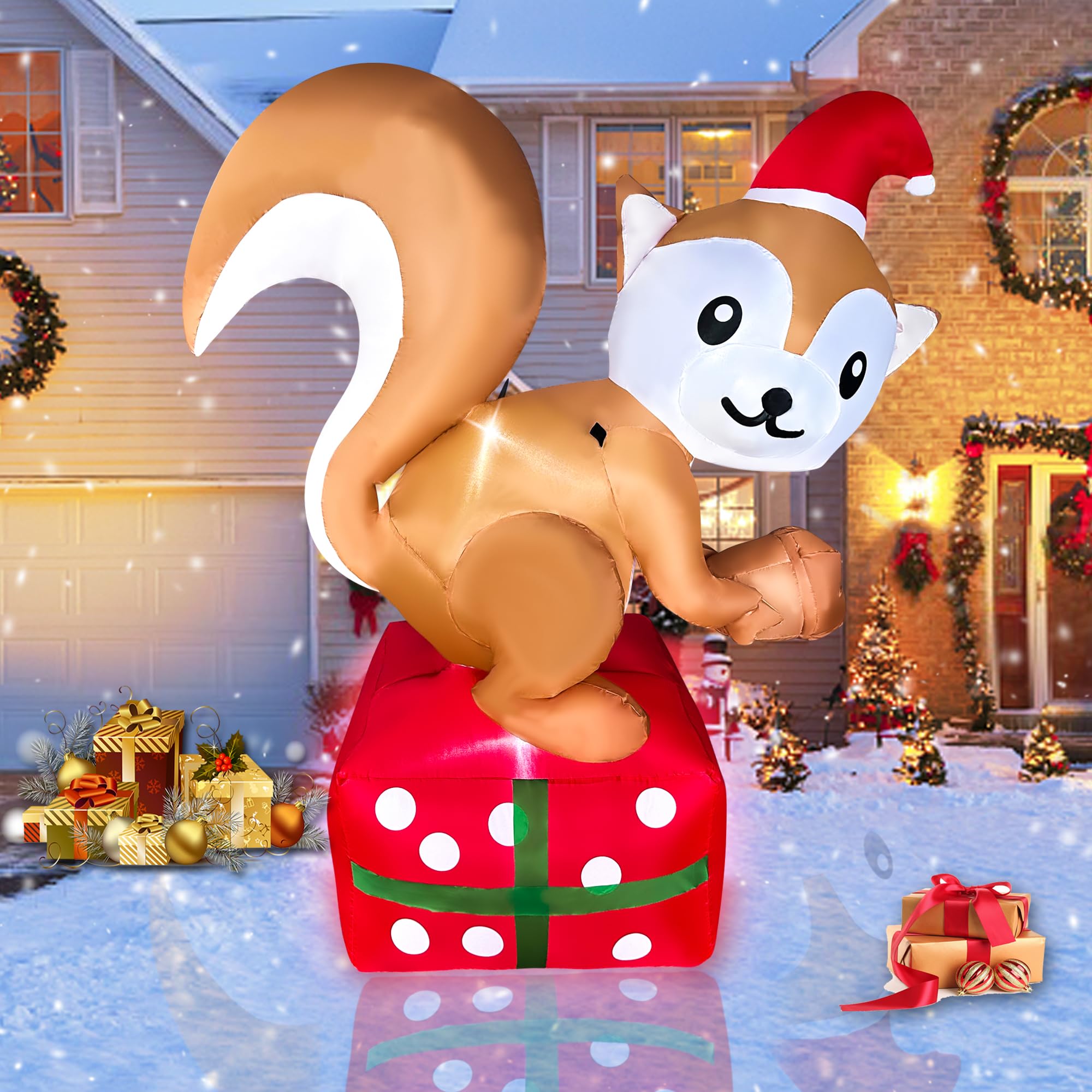 JOYEASE Écureuil gonflable de Noël de 1,5 m debout sur une boîte cadeau, décorations de Noël gonflables à DEL pour fête, intérieur ou extérieur
