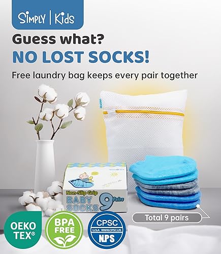 Miniatura 5 de Simply Kids Calcetines tobilleros antideslizantes para bebé (9 pares), agarre superior, algodón suave, para niñas y niños activos (de 0 a 7 años)