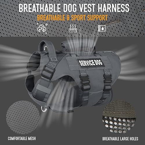 Miniatura 3 de Arnés gris para perros grandes, arnés de malla transpirable para perro con chaleco militar Molle, arnés táctico para perro con hebilla de metal de