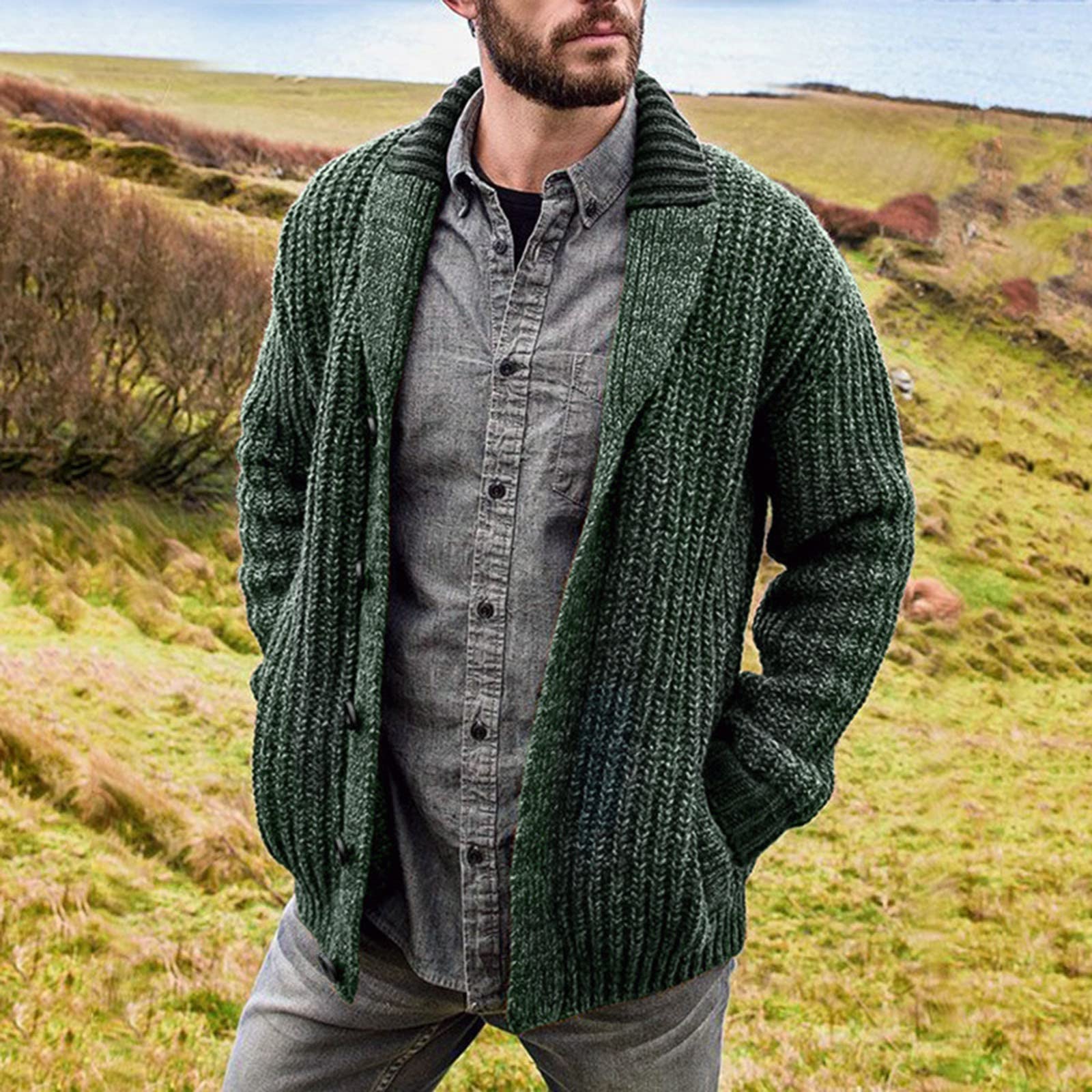 Cardigan Hombre Punto, Chaqueta De Punto Elegante Hombre Manga Larga Cuello De Chal Informal Prendas De Punto con Botones Sobreabrigo De Solapa Cárdigan Liso Jersey Suéter Otoño Invierno