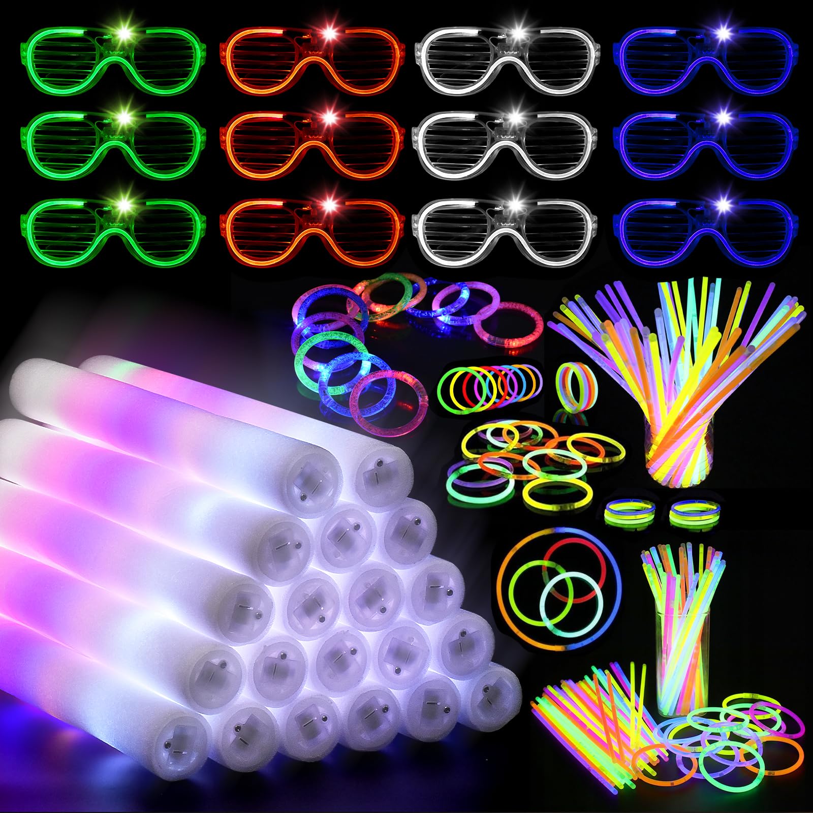 248piezas Juguetes de lluminación LED,200 Palos Luminosos,12 Gafas de Neón,12 Pulsera luminosa,24 Palos Led,Juego de Barras Luminosas para Fiestas Adecuado para Bodas, Carnavales y Cumpleaños