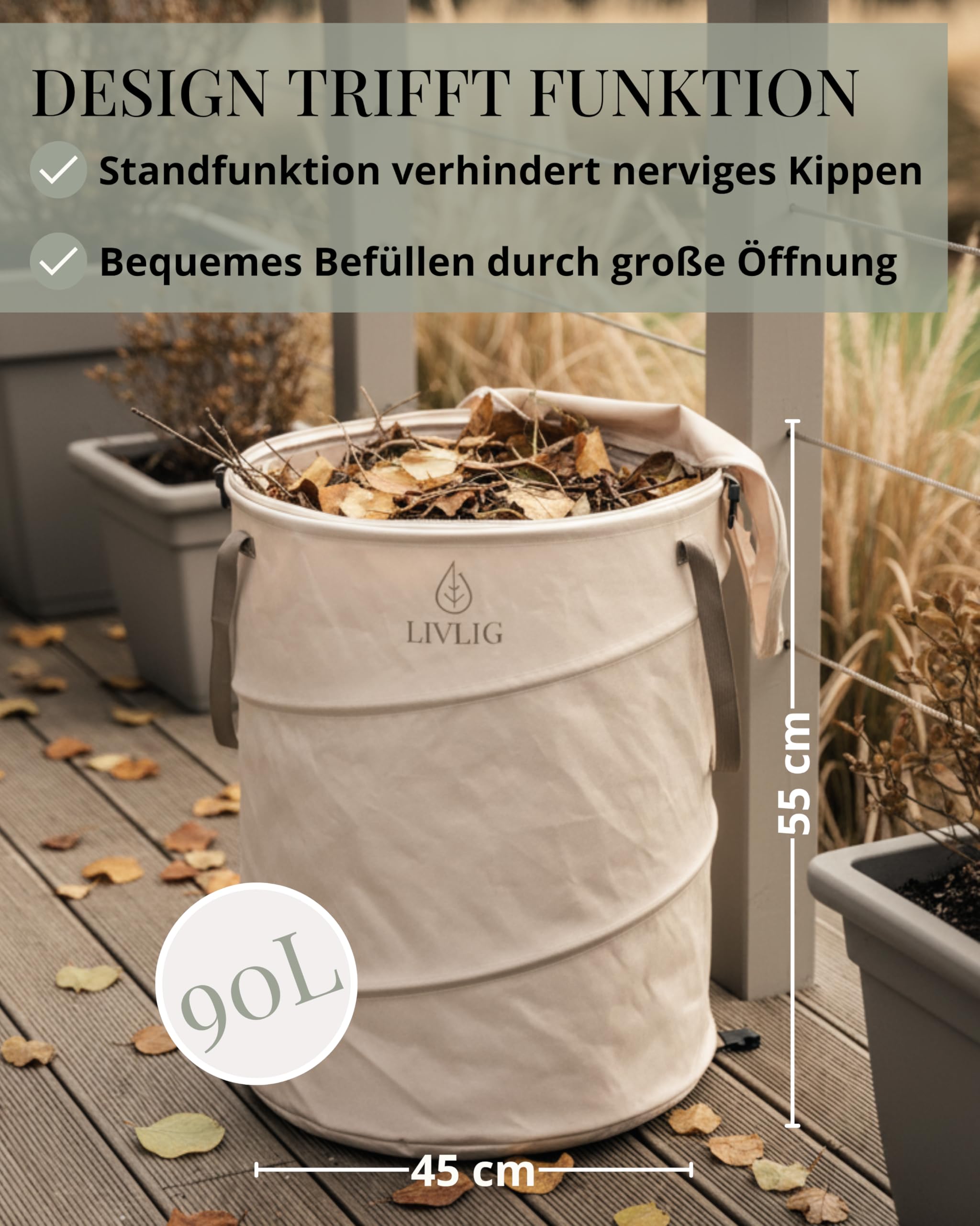 LIVLIG Pop Up Gartensack 90L, Faltbarer Gartenabfallsack mit Deckel und doppeltem Boden, Stabiler Laubsack mit Deckel, Laubsack und Gartenabfallsack Beige