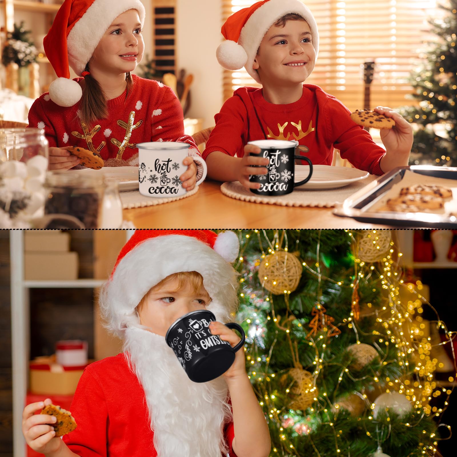 Yaomiao 9 Stück heiße Kakaobar-Emaille-Tassen mit Griffen, Weihnachts-Kaffeetassen, 340 ml, saisonale Emaille, lustige weiße und rote Teetassen für Weihnachten (gemischter Stil)