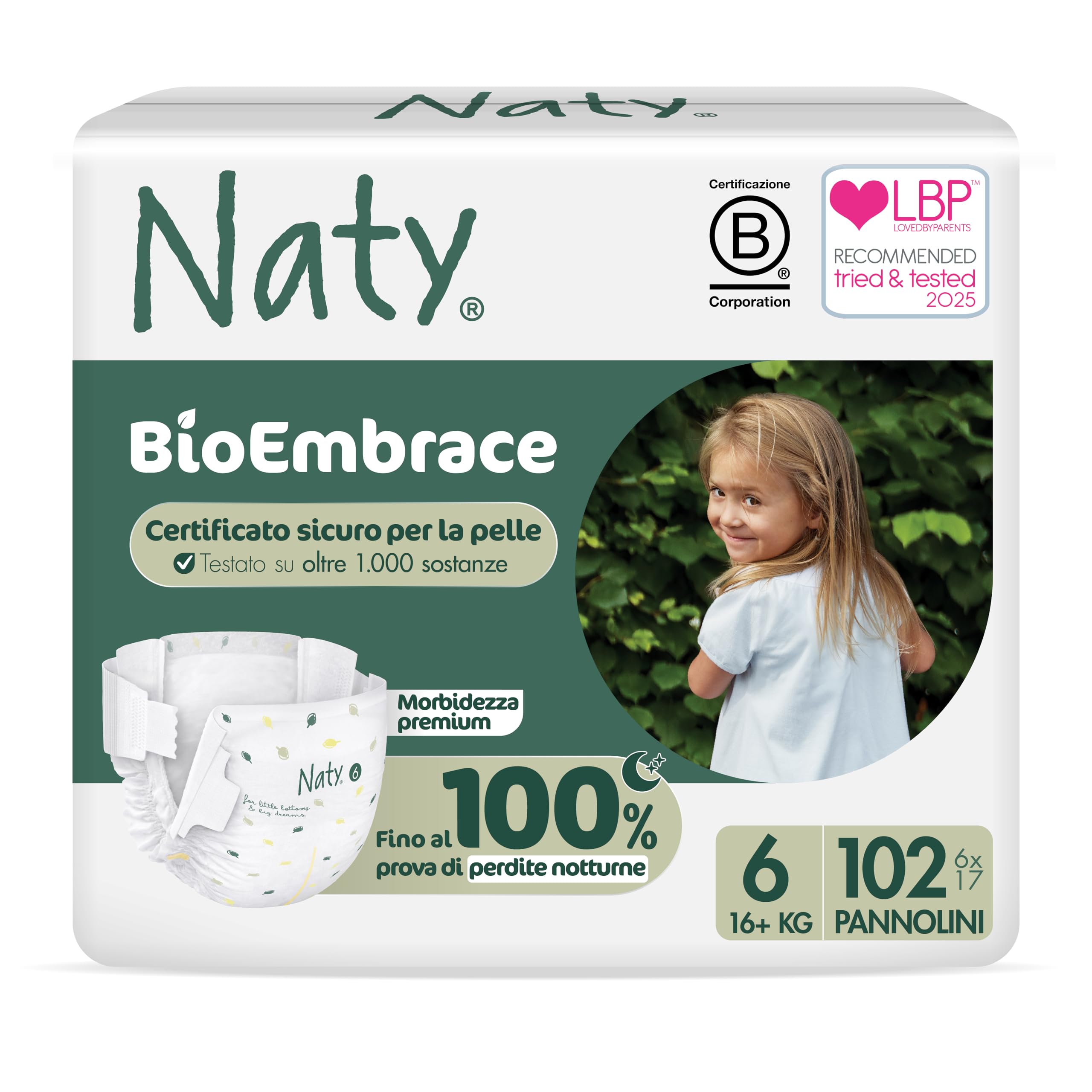 Naty BioEmbrace Pannolini per Bambini | Certificati per pelle sensibile | Protezione anti-perdite fino al 100% | Morbidezza vegetale | Senza profumo & cloro | Taglia 6 (16 kg+), 102 pz
