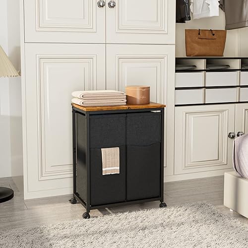 Miniatura 8 de Furnulem Cesta de lavandería con ruedas, cesta de lavandería con tapas, cestas de 2 secciones para lavandería con estante superior, carrito