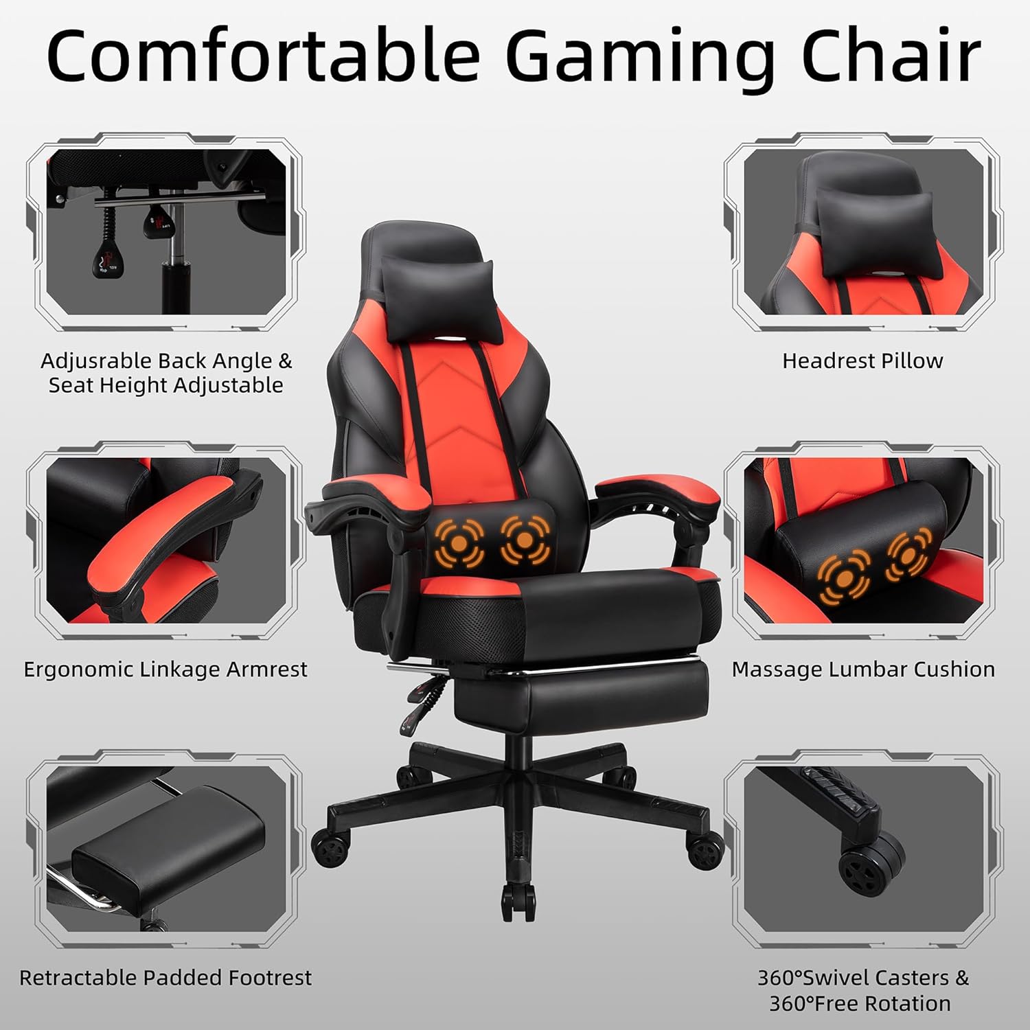 Shintenchi Gaming Chair with Footrest, Massage Lumbar Support, Height Adjustment, and 360° Swivel Seat. Ergonomic Design for Gaming