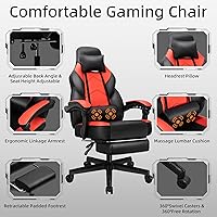 Vista 4 de Shintenchi Gaming Chair with Footrest, Massage Lumbar Support, Height Adjustment, and 360° Swivel Seat. Ergonomic Design for Gaming