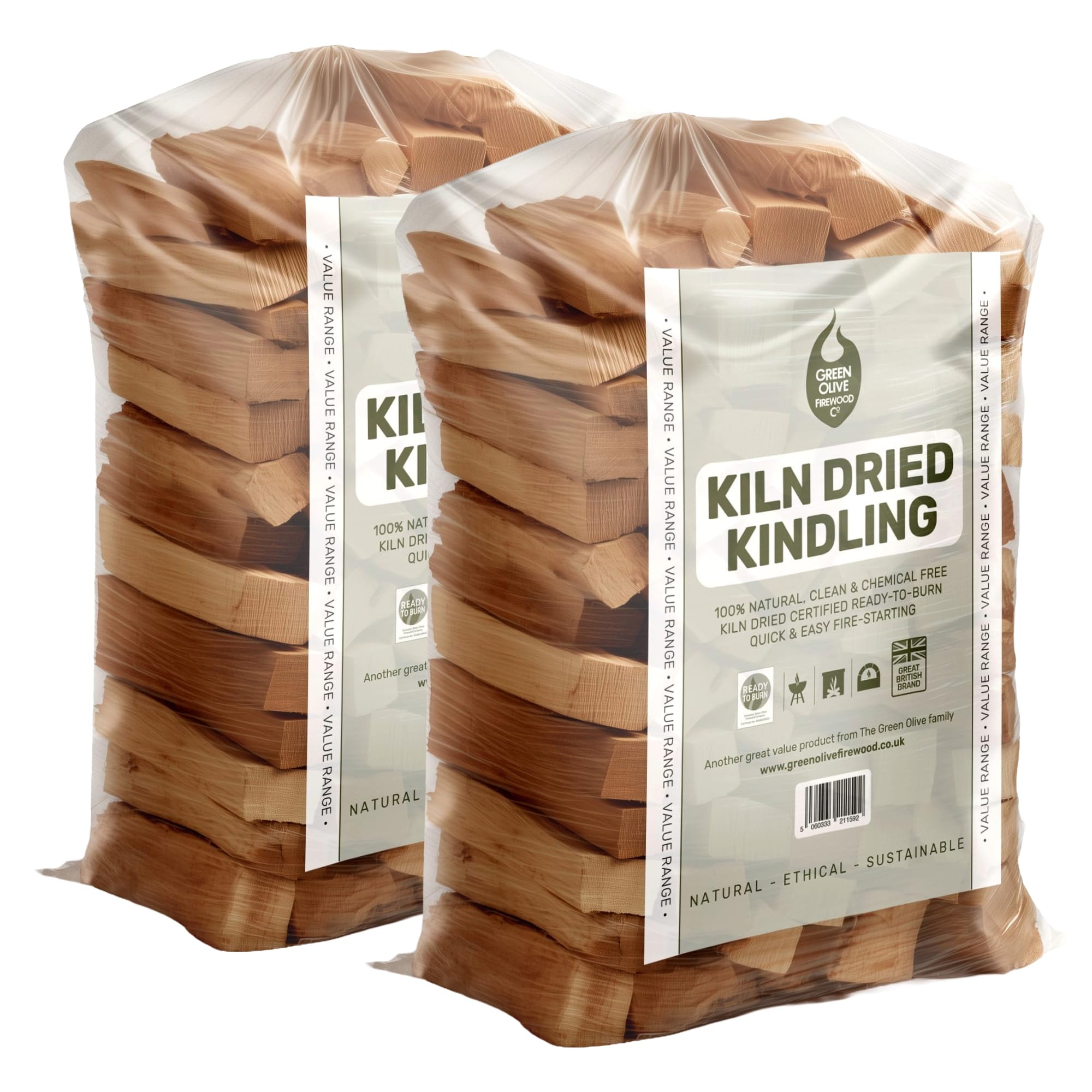 Green Olive Firewood - Pack of 2 Bags (Approx 4.4kg) Kiln Dried Kindling Wood - Sticks - Natural Fire Lighters for Log Burners, Wood Burning Stoves, BBQS, Camping, fireplaces & Pizza Ovens