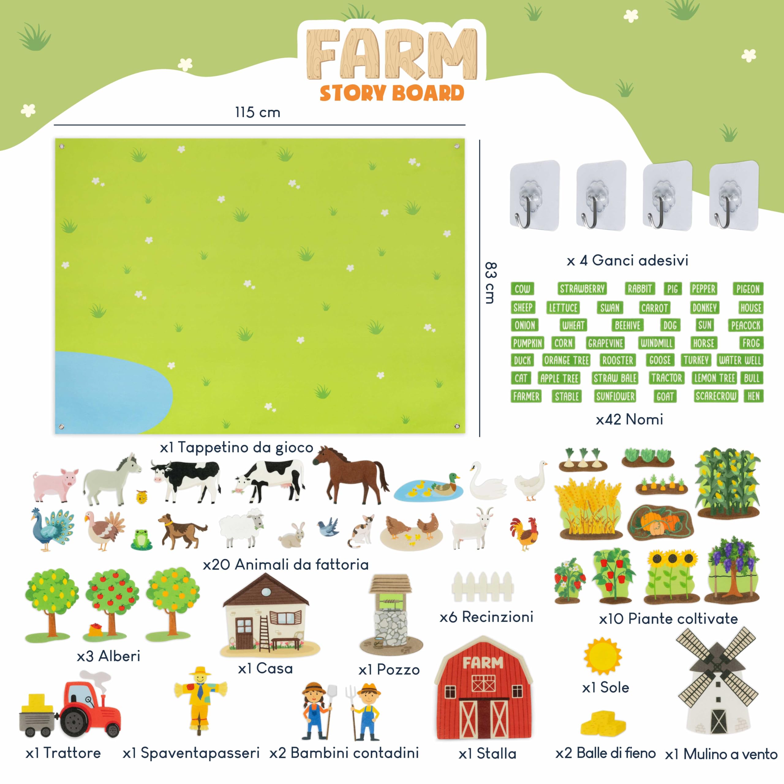 BONNYCO Lavagna di Feltro con 92 Figure di Animali della Fattoria. Giochi Montessori e Regalo Compleanno Bambini dai 3-8 Anni. Pannello Sensoriale per Autismo, Giocattoli Educativi