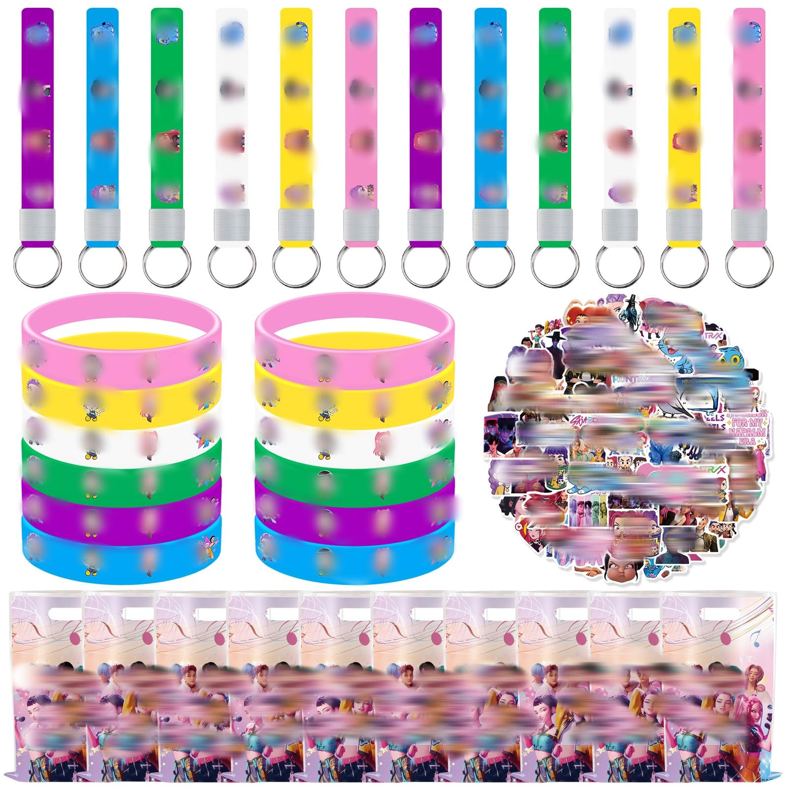 103Pcs K Pop Party Bag Fillers, Anime Themed Party Favor Decorations with Paper Bags, Keychains, Silicone Wristband, Stickers, Birthday Gift Bags Fillers for Kids Boys Girls