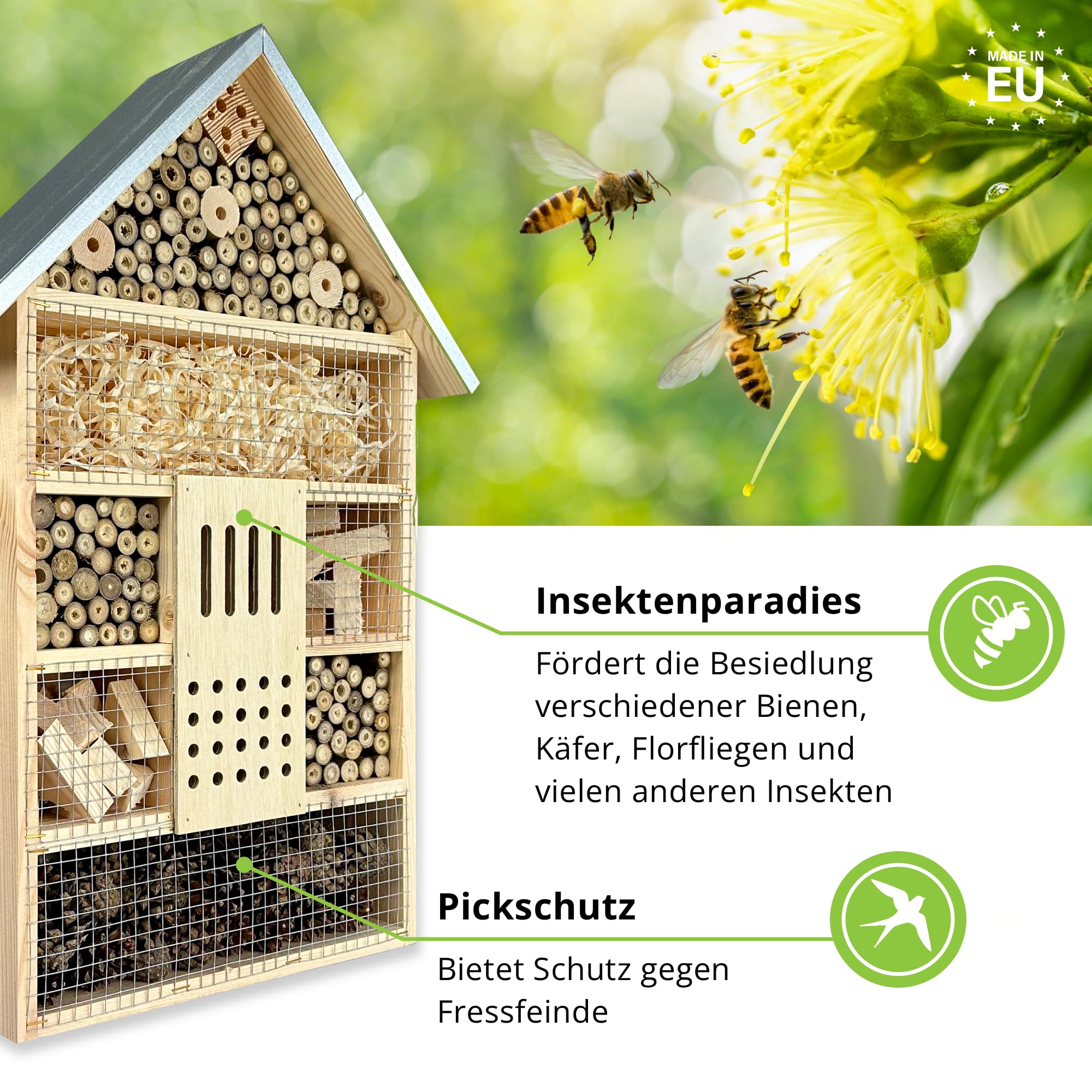 GARTENETAGE Insektenhotel XXL für Bienen und Marienkäfer – 79 x 38 x 11,5 cm – Wetterfestes Insektenhaus mit 7 Fächern – Schutz und Nisthilfe für Wildbienen, Schmetterlinge und Florfliegen