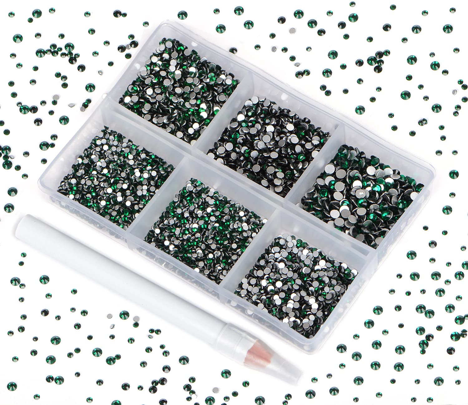 Bymitel 7200 Pieces 6 Mixed Sizes Glue Fix on Glass Rhinestones Round Crystal Gems Flatback for DIY Jewelry Making with one Picking Pen(6-Sizes 7200PCS, Emerald)