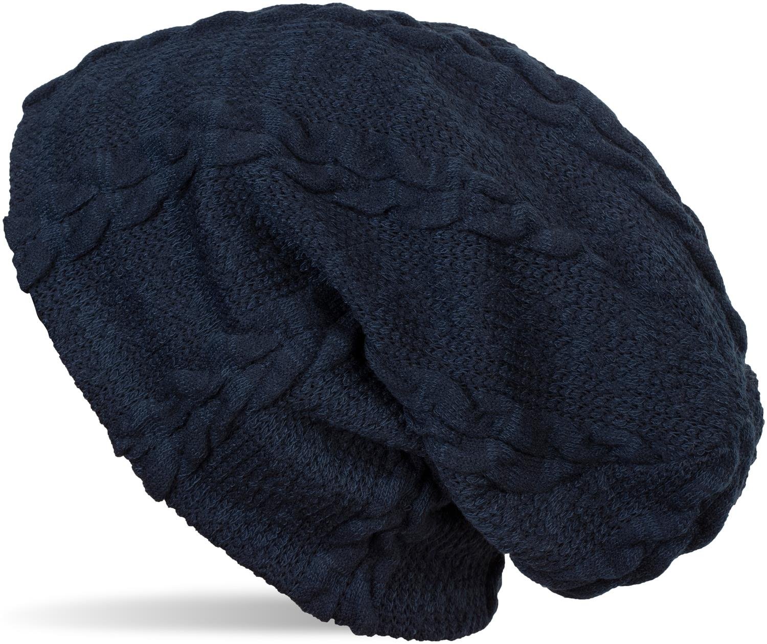 Stylebreaker Women's Dark Blue Warm Fine-Knit Beanie With Plait Pattern And Fleece Lining, Slouch Long Beanie, Unisex 04024131, Color: