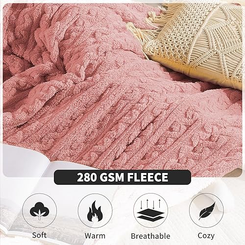 Miniatura 4 de FY FIBER HOUSE Manta Sherpa  Manta con diseño de patrón 3D rosa polvoriento para sofá o cama, cálida manta de microfibra de vellón súper suave y