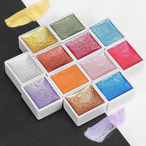 Miniatura 7 de Emooqi Juego de pinturas de acuarela, pintura sólida de acuarela con purpurina metálica, incluye 12 colores metálicos con purpurina, 2 pinceles de