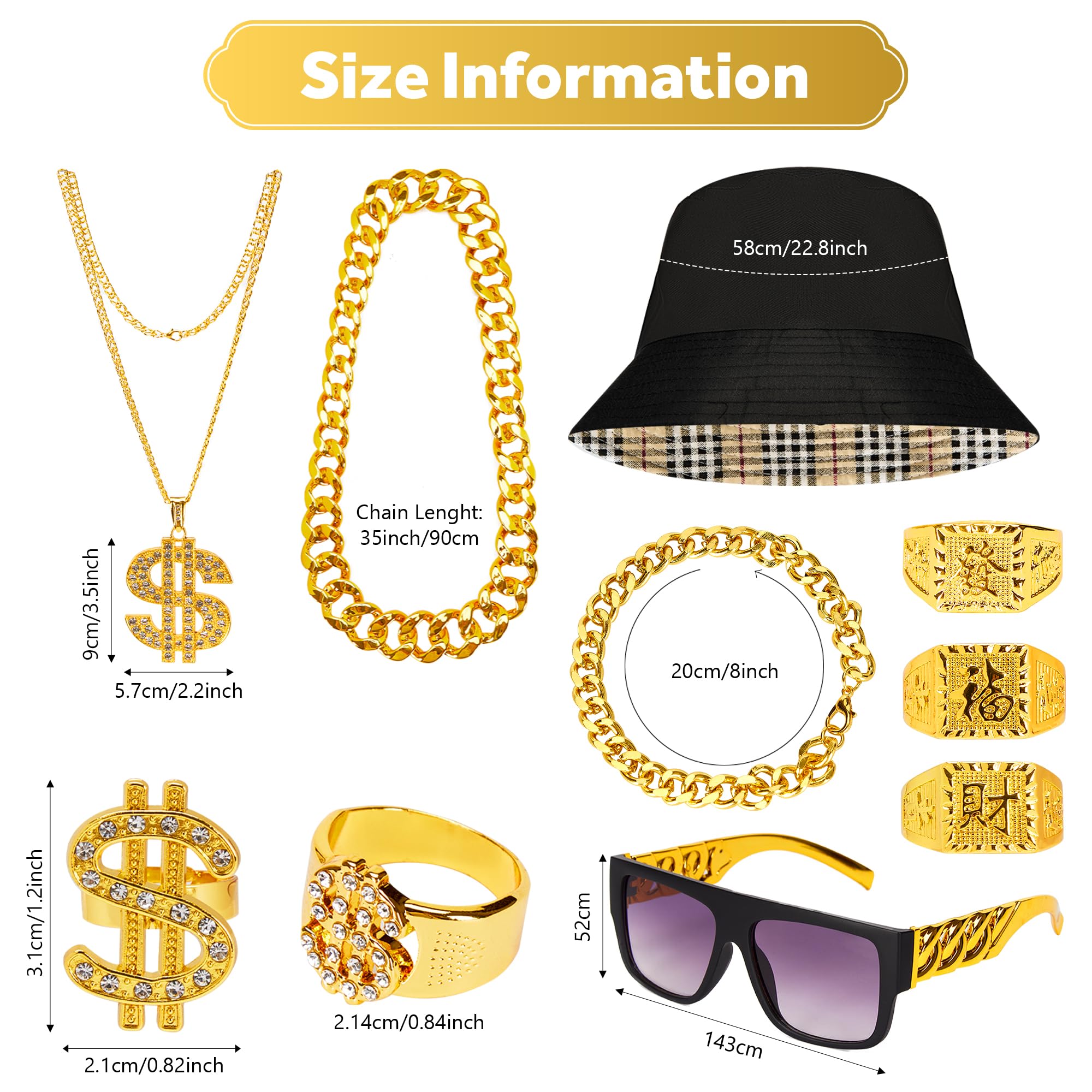 90s Hip Hop Costume Kit, Bucket Hat, Gold Chain, Dollar Sign Necklace, Rings & Sunglasses for Men Women & Kids - Image 2