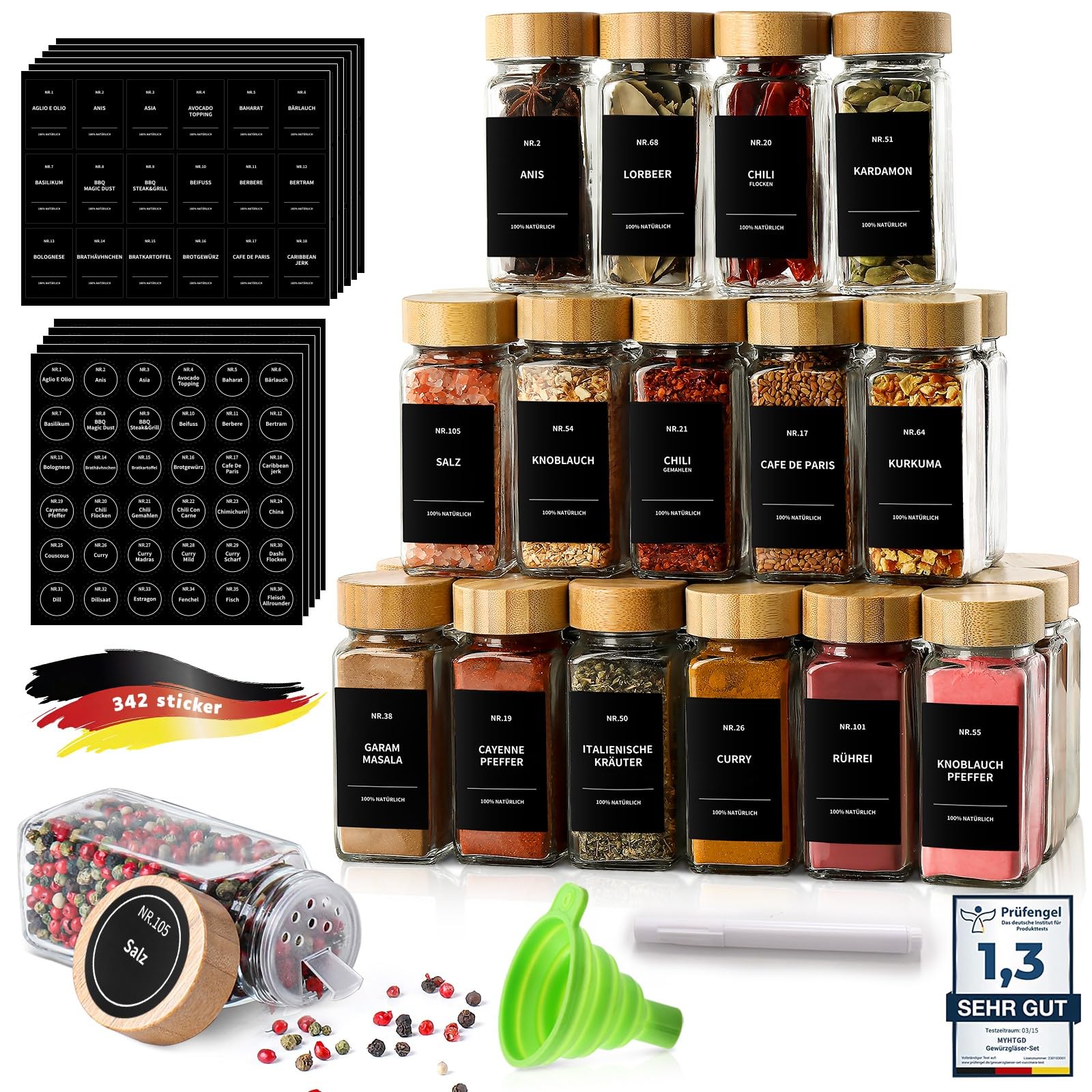 myhtgd Gewürzgläser,gewürz organizer,gewürzgläser eckig - 24er Set-120ml - Gewürzdosen mit 342 Etiketten,spice jars,gewürzbehälter,gewürzgläse set,gewürzgläser mit streueinsatz