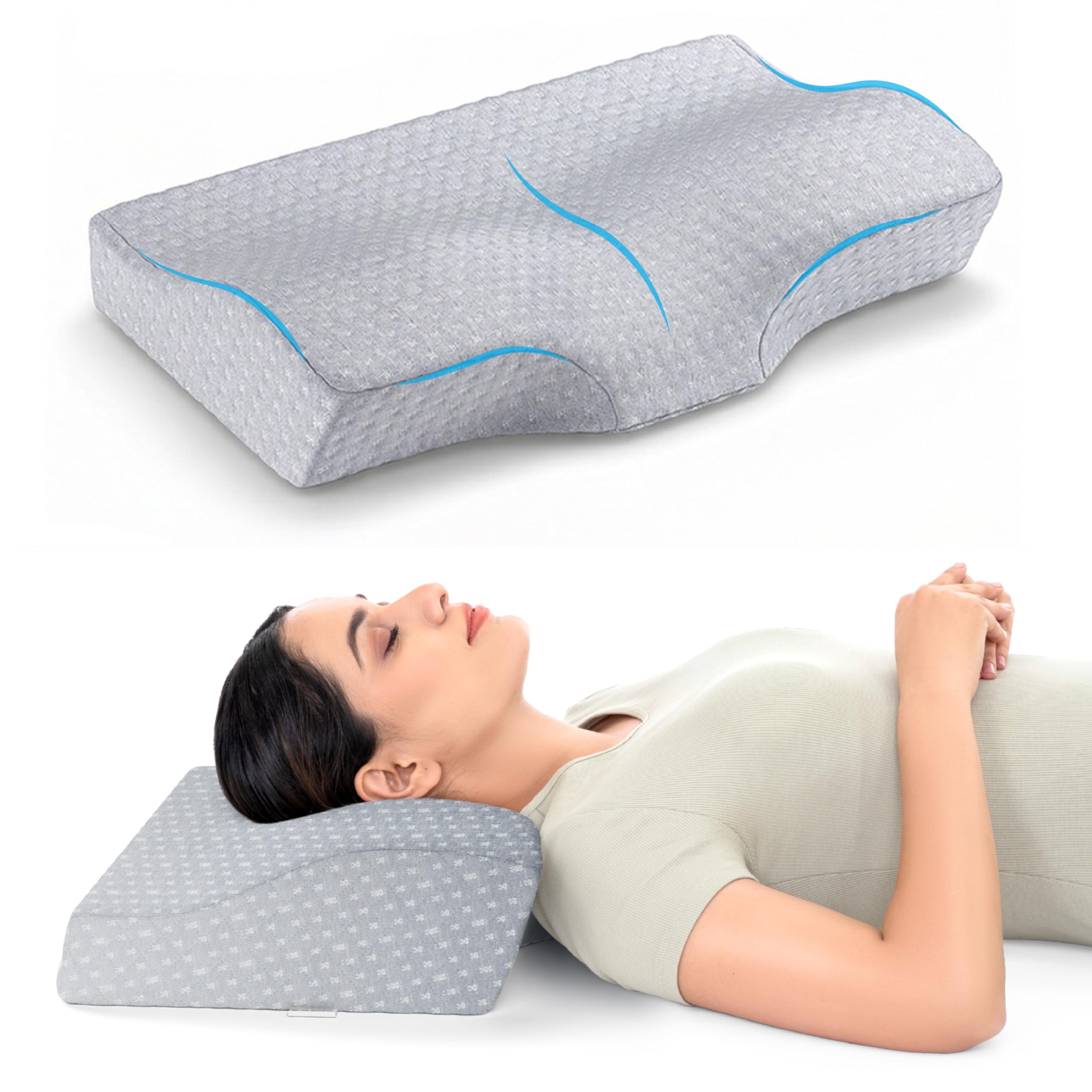 FOVERA Memory Foam Cervical Pillow for Neck Pain | Orthopedic Contour Neck Support Pillow for Sleeping, for Neck and Shoulder Pain, Dual Height (Grey Jacquard Cover, Pack of 1)-image-12