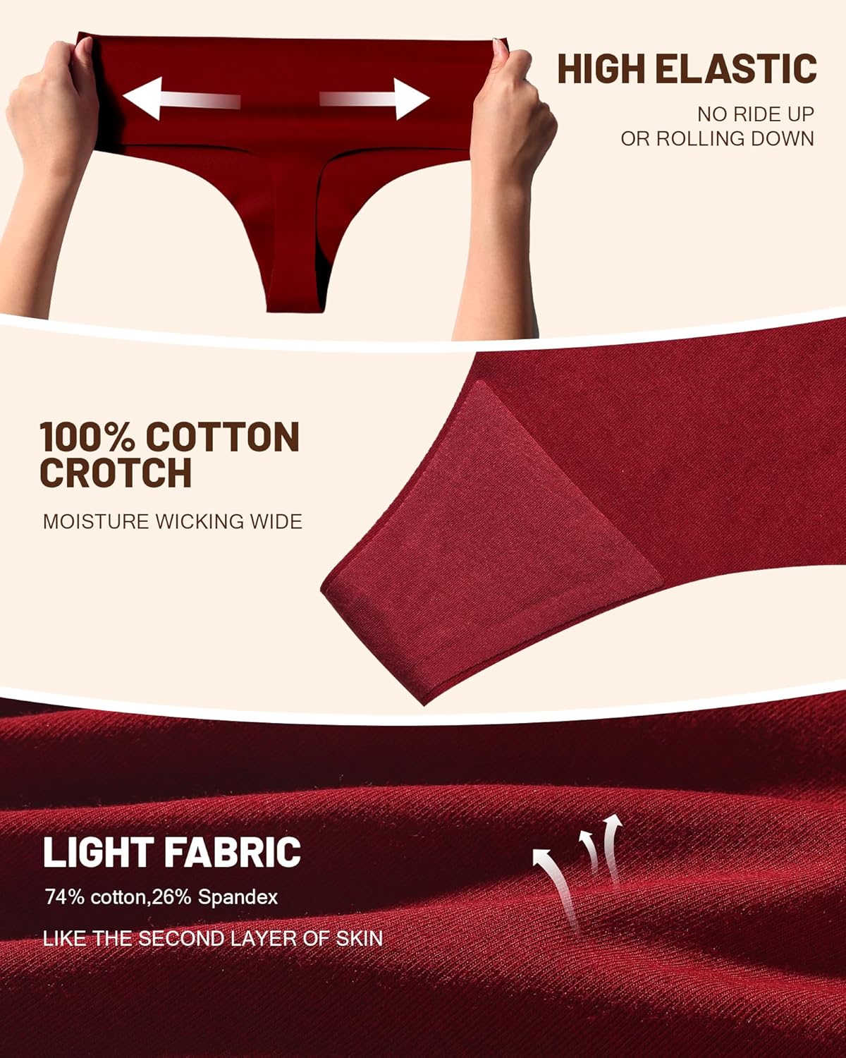 Cotton Thongs for Women High Waisted Seamless No Show Thong Stretchy Comfort Panties S-XL - Image 3