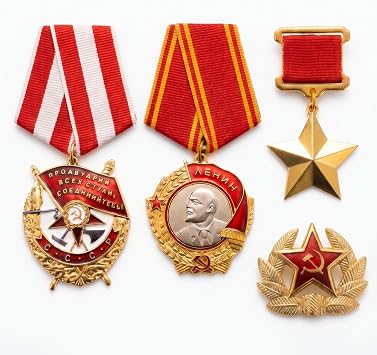 USSR WWII Medal Set - Military Awards Hero of the Soviet Union, Red Banner Medal, Red Star Hat Pin & Order of Lenin Medal Set Replicas