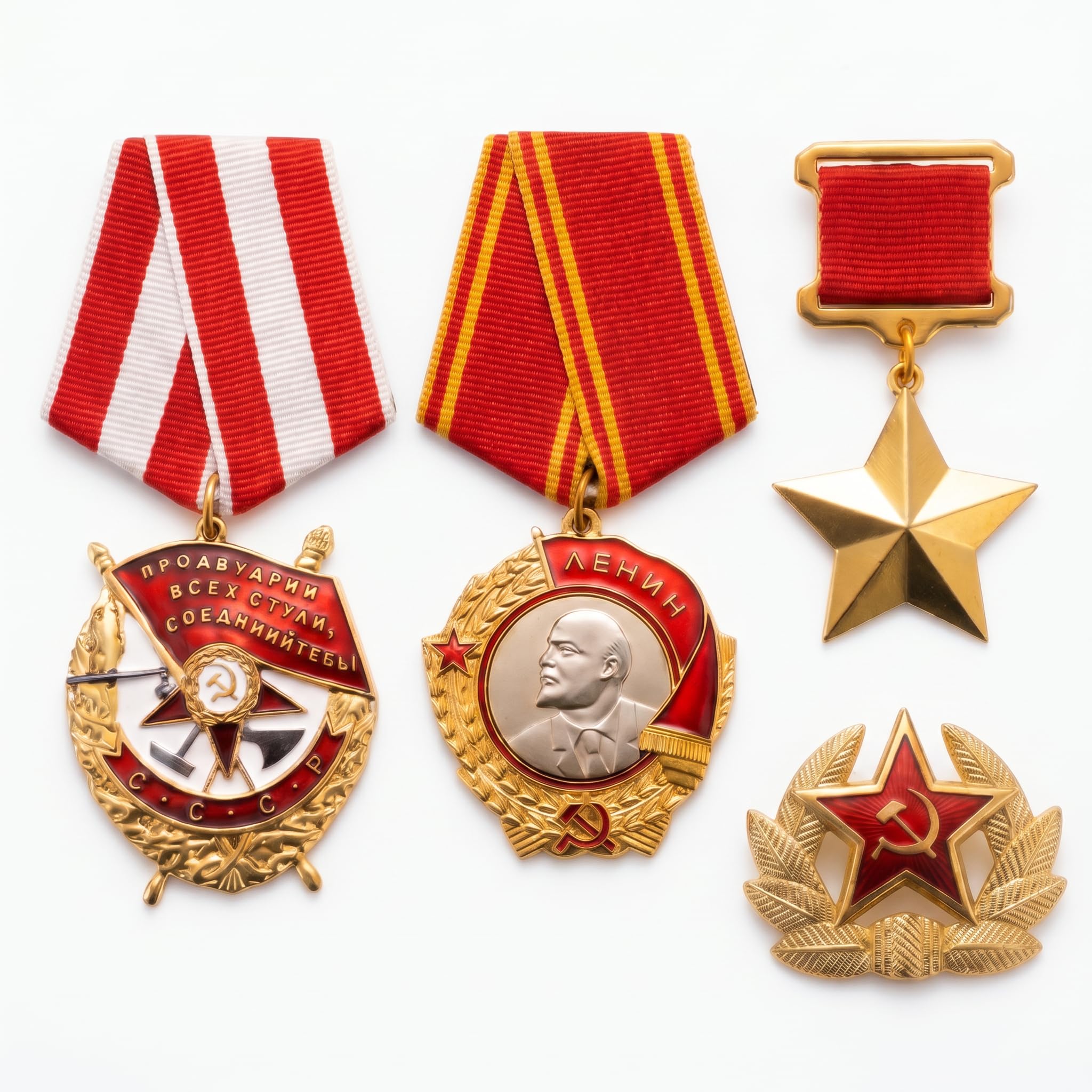 Freecrows Gold Ussr Wwii Medal Set - Military Awards Hero Of The Soviet Union, Red Banner Medal, Red Star Hat Pin & Order Of Lenin Medal Set Replicas