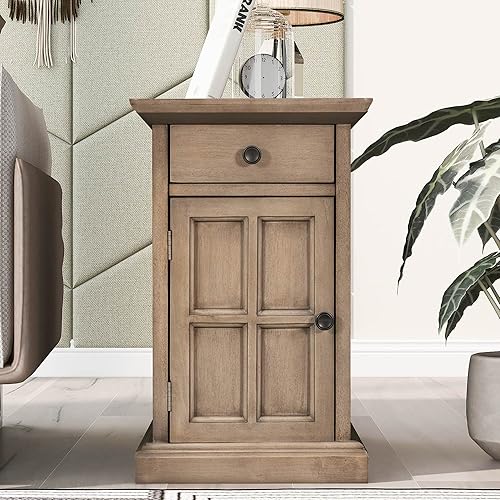 Miniatura 6 de Mesa auxiliar de madera tradicional con estación de carga, moderna silla vintage para sofá, mesa auxiliar con almacenamiento y cajón para sala de