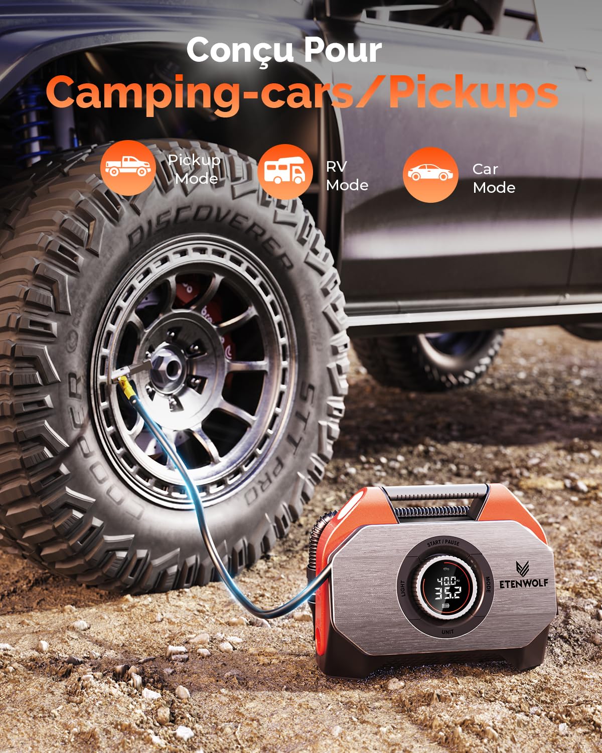 ETENWOLF S6 Compresseur à Air Portatif, 19200mAh Pompe à Air Électrique 11,03 Bar/160PSI Pompe a Velo Electrique, Numérique 7 Modes Gonfleur Pneus Voiture Rechargeable pour Vélo, Moto, Scoote, Balle
