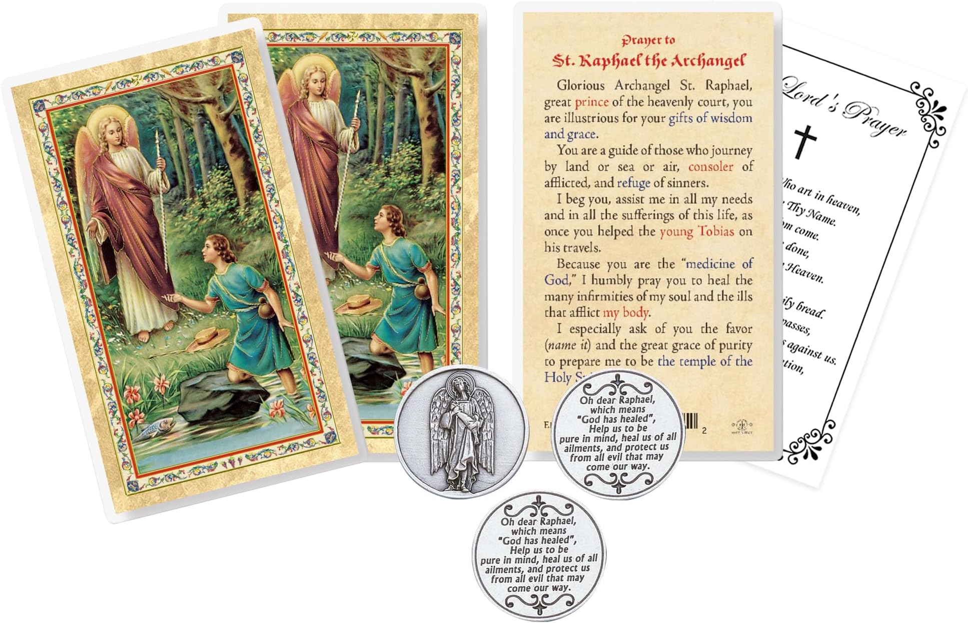 Trendzeen Saint Raphael The Archangel Prayer Card - Devotional Token, The Lord's Prayer - Laminated Angel Raphael Card, Token Set - Patron Saint of Healers, Travelers Theme - 7 Items