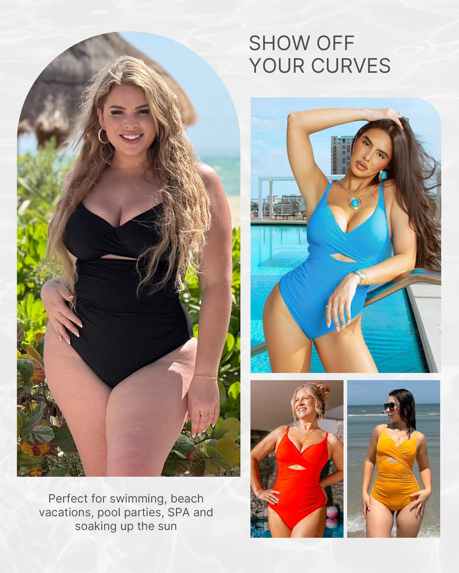 SHAPELLX Tummy Control Swimsuits Women V Neck One Piece Bathing Suit Ruched Push Up Slimming Swimwear Built-in Bra