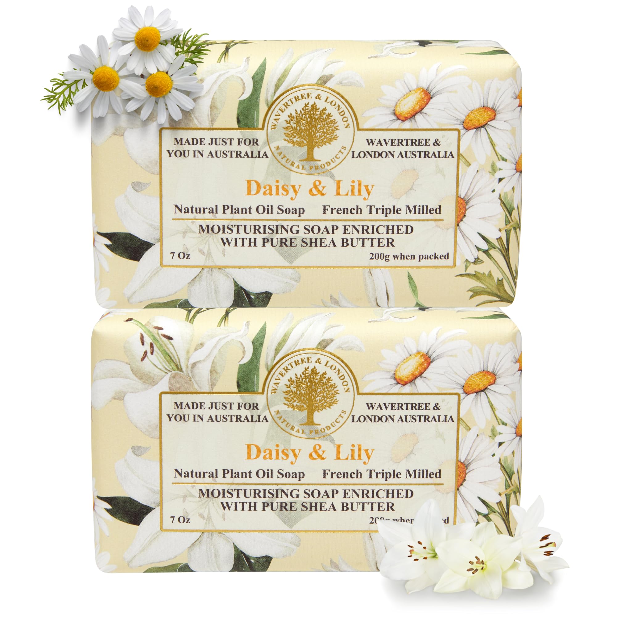 Wavertree & London Daisy & Lily Scented Natural Soap (2 Bars), 7oz Moisturizing French Triple Milled Soap Bars enriched with shea butter - Pure Plant