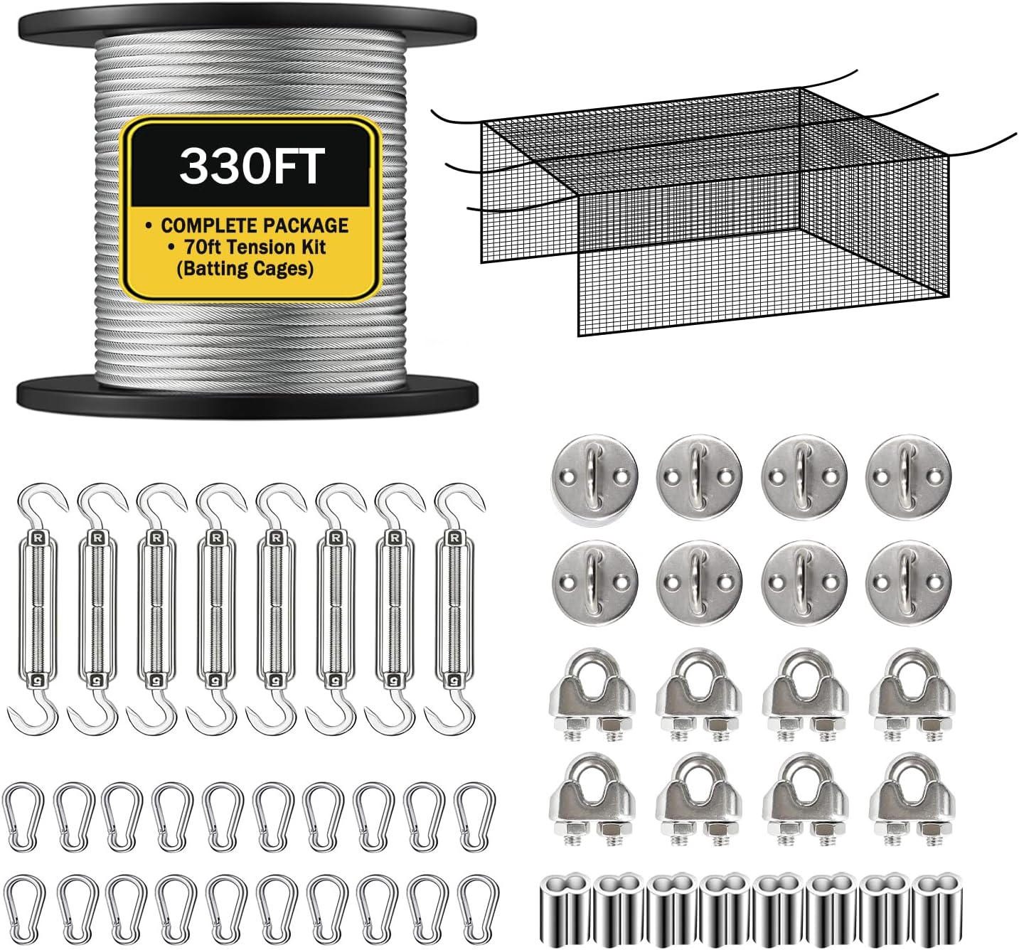 Batting Cage Netting Wire Tension Kit, Batting Cage Cable Suspension Kits for Baseball and Softball, DIY Batting Cages for Home and Backyard,No Net is Included 70FT