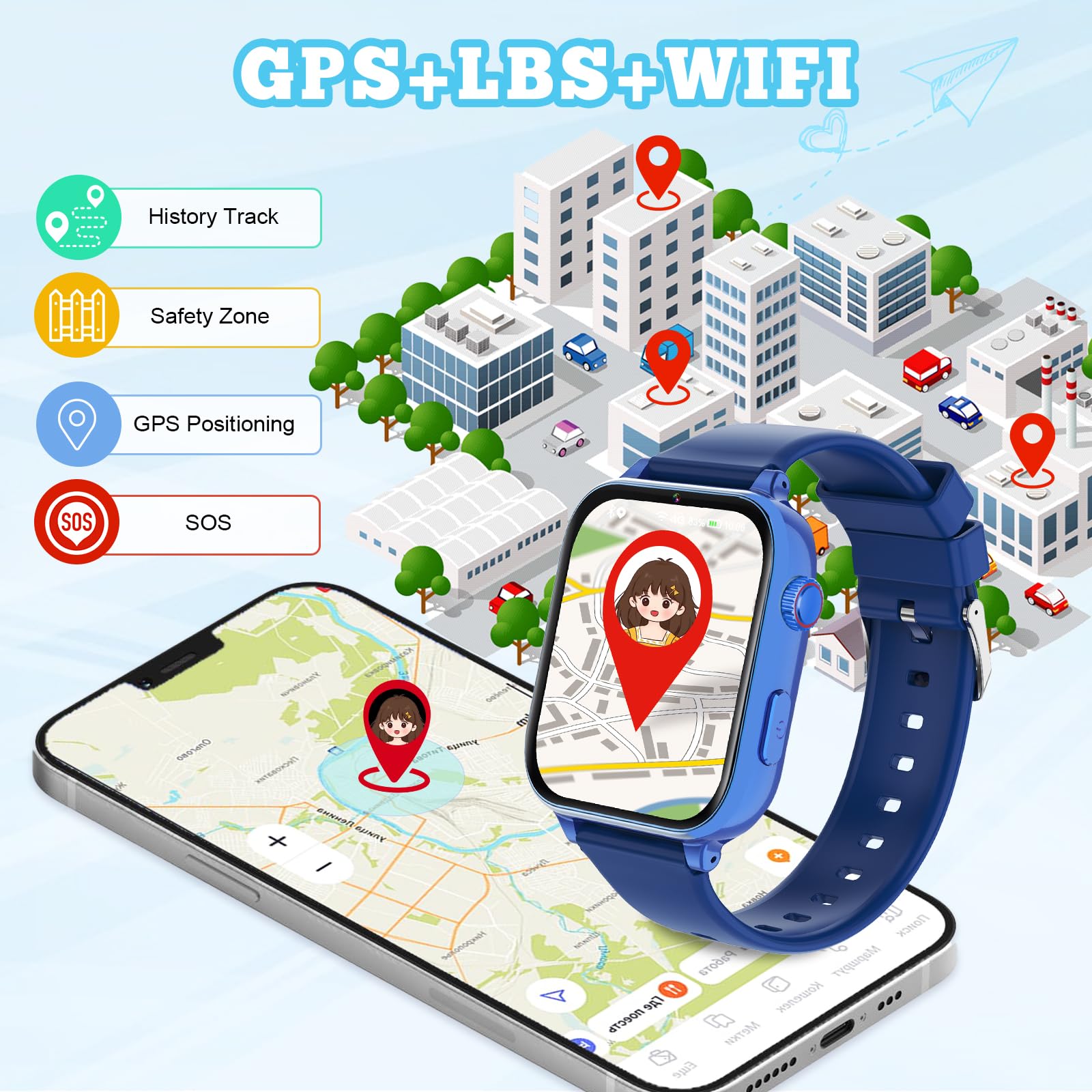 Smartwatch Bambini GPS 4G, Orologio Intelligente con Telefono, Videochiamata, Chat, SOS, Sveglia, Contapassi, Camera, Modalità Classe, Gioco, Smart Watch per Ragazza e Ragazzo 4-12 Anni Regalo, Blu