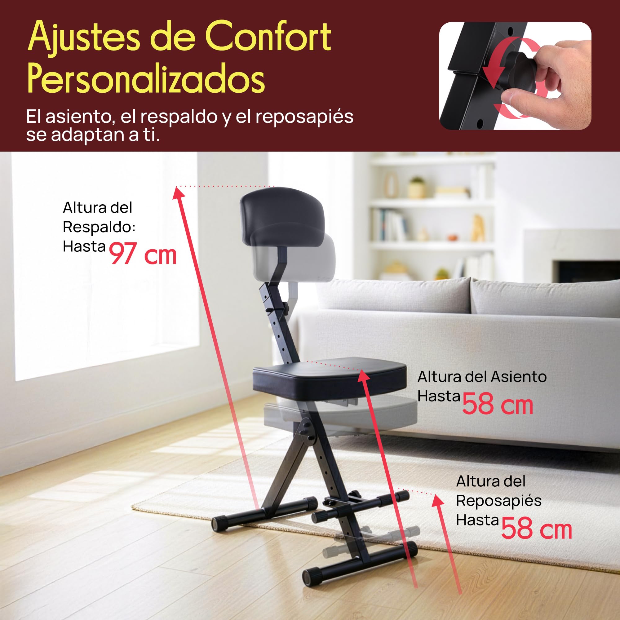 Pyle Taburete Guitarra, Silla bateria, Portátil, Ajustable, para músicos Plegable, Asiento y Respaldo Acolchados, Reposapiés