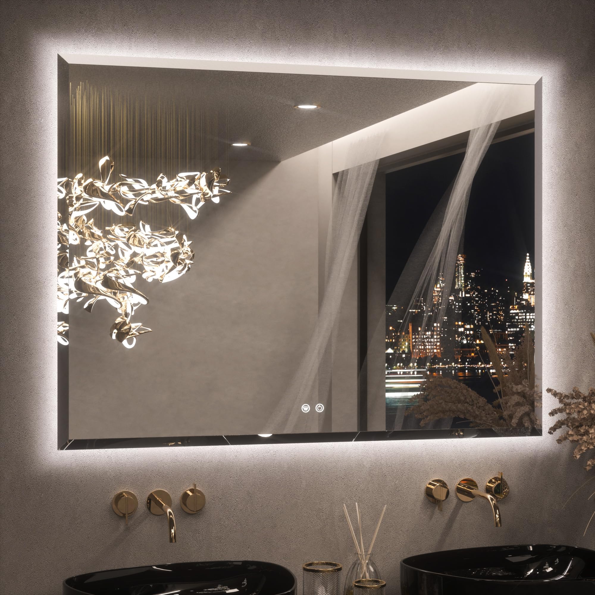 Photo 1 of *MAJOR DAMAGE*
Keonjinn 48 x 36 Inch Large LED Bathroom Mirror with Backlight, Backlit Mirror with Beveled Edge, Safe Tempered Glass, UL-Listed Power Driver, 3 Color Lights, Safe Defogging, Memory Function