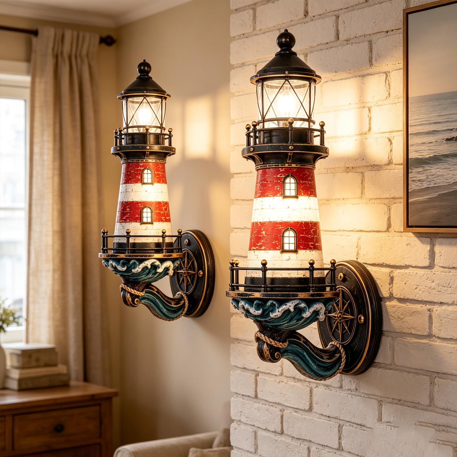 Vintage Coastal Lighthouse Wall Light, Seaside Night Lamp for Home，2pc