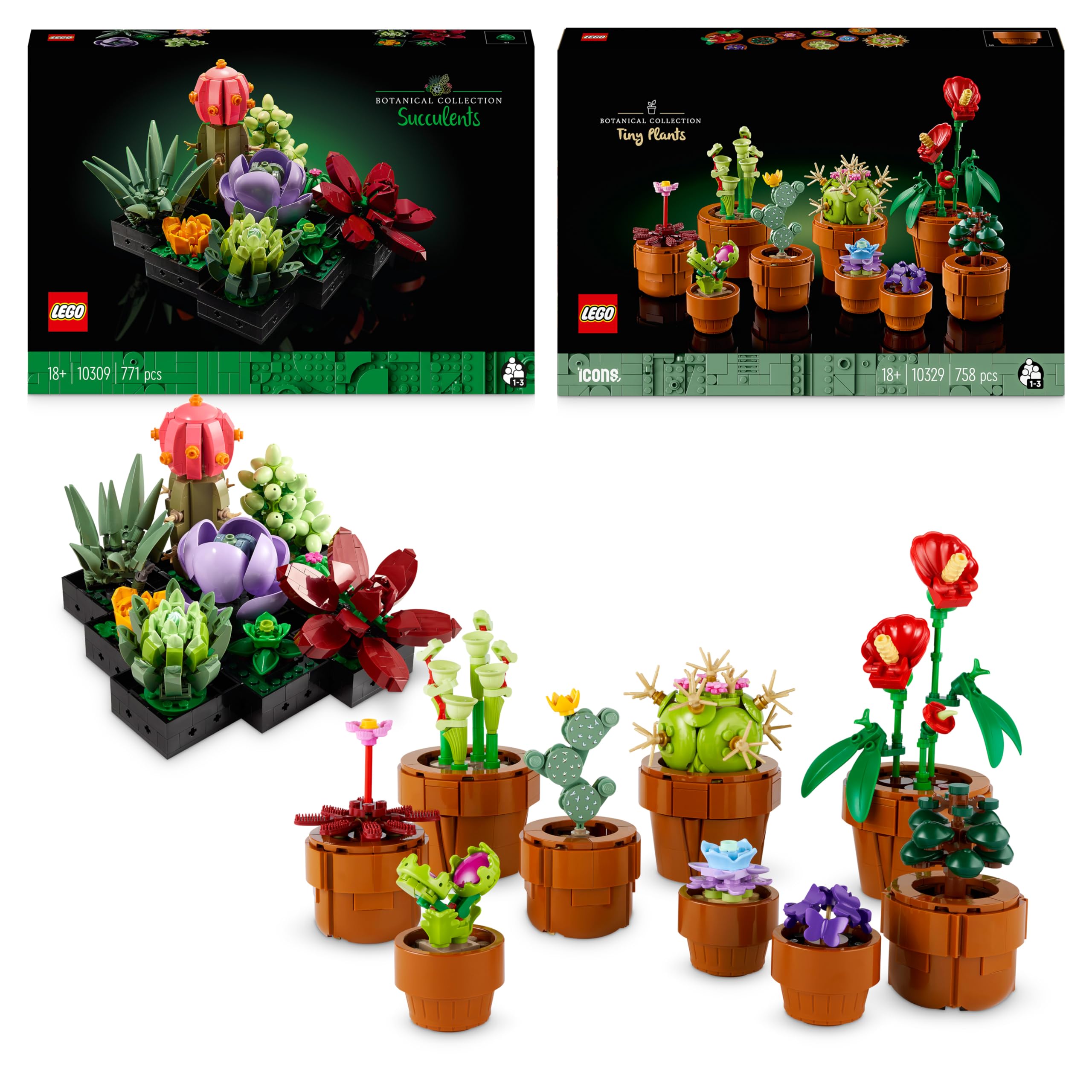 Bundle of LEGO 10309 Icons Sukkulenten Künstliche Blumen Set für Erwachsene + LEGO 10329 Icons Mini Pflanzen, 9 künstliche Blumen zum Bauen, Botanical Collection Sammel-Set für Erwachsene