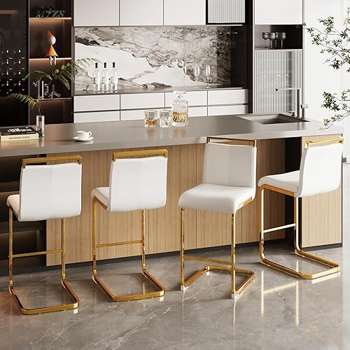 Counter Height Bar Stools Set of 4,Gold Bar Stools with Back,24" White Island Chairs with Gold Chrome Plated Metal Leg,Faux Leather Barstools for Pub Kitchen Counter