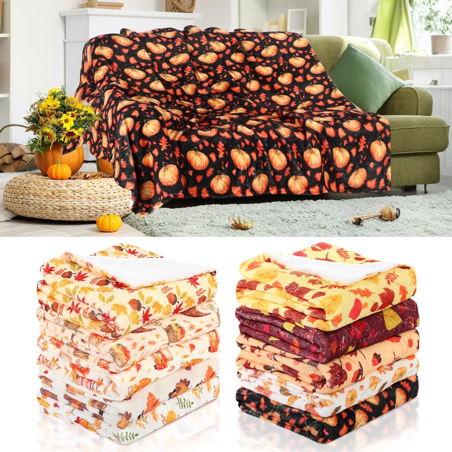 10 Pack Fall Throw Blankets, 51"x39" Autumn Soft Flannel Blankets, Thanksgiving Halloween Decor Gift Pumpkin Leaf Turkey Design, Cozy Farmhouse Decoration Throw for Couch, Bed, Chair, Sofa