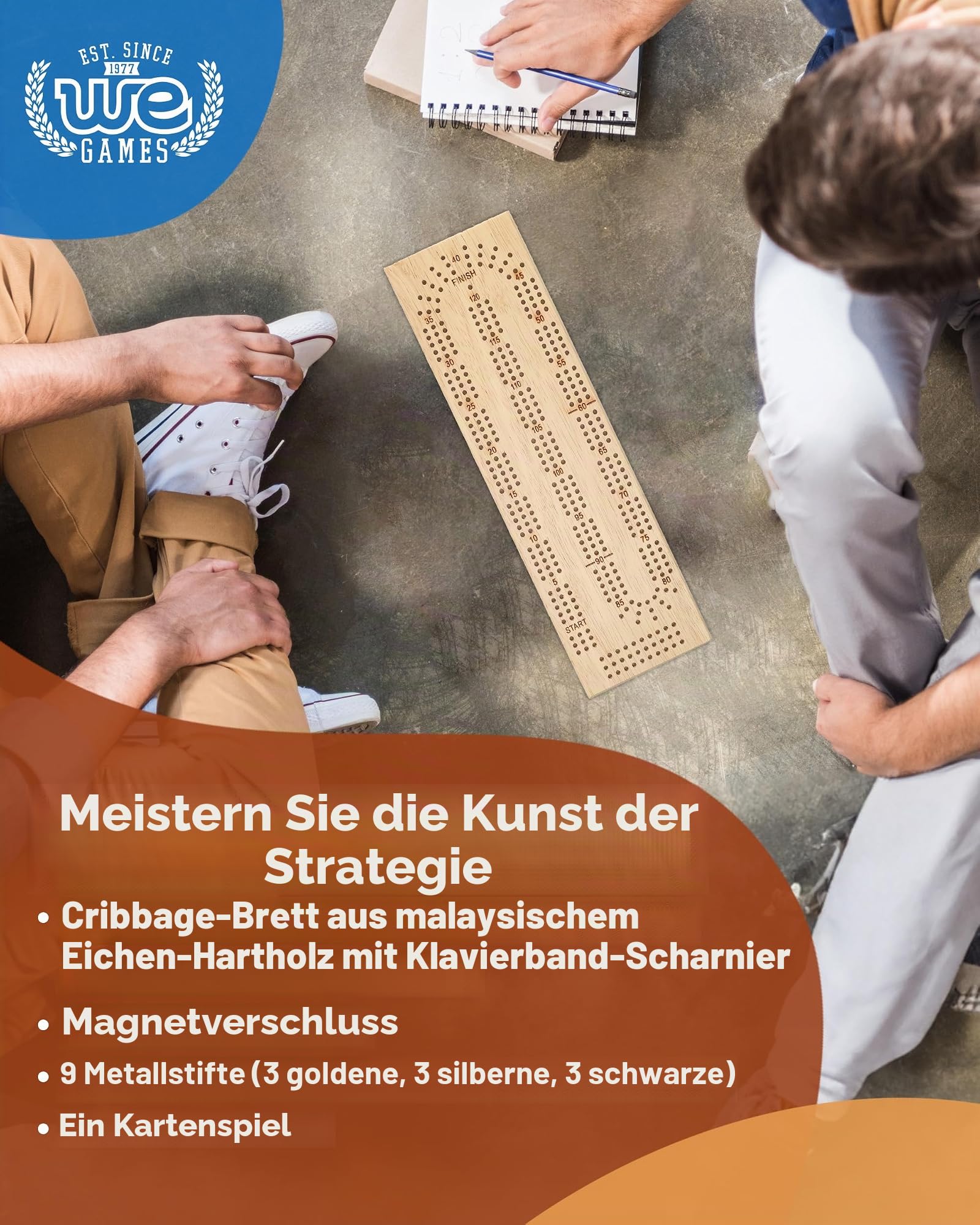 WE Games Cribbage-Set, Massivholz | Game for 2 Players - Traditional Pub Game